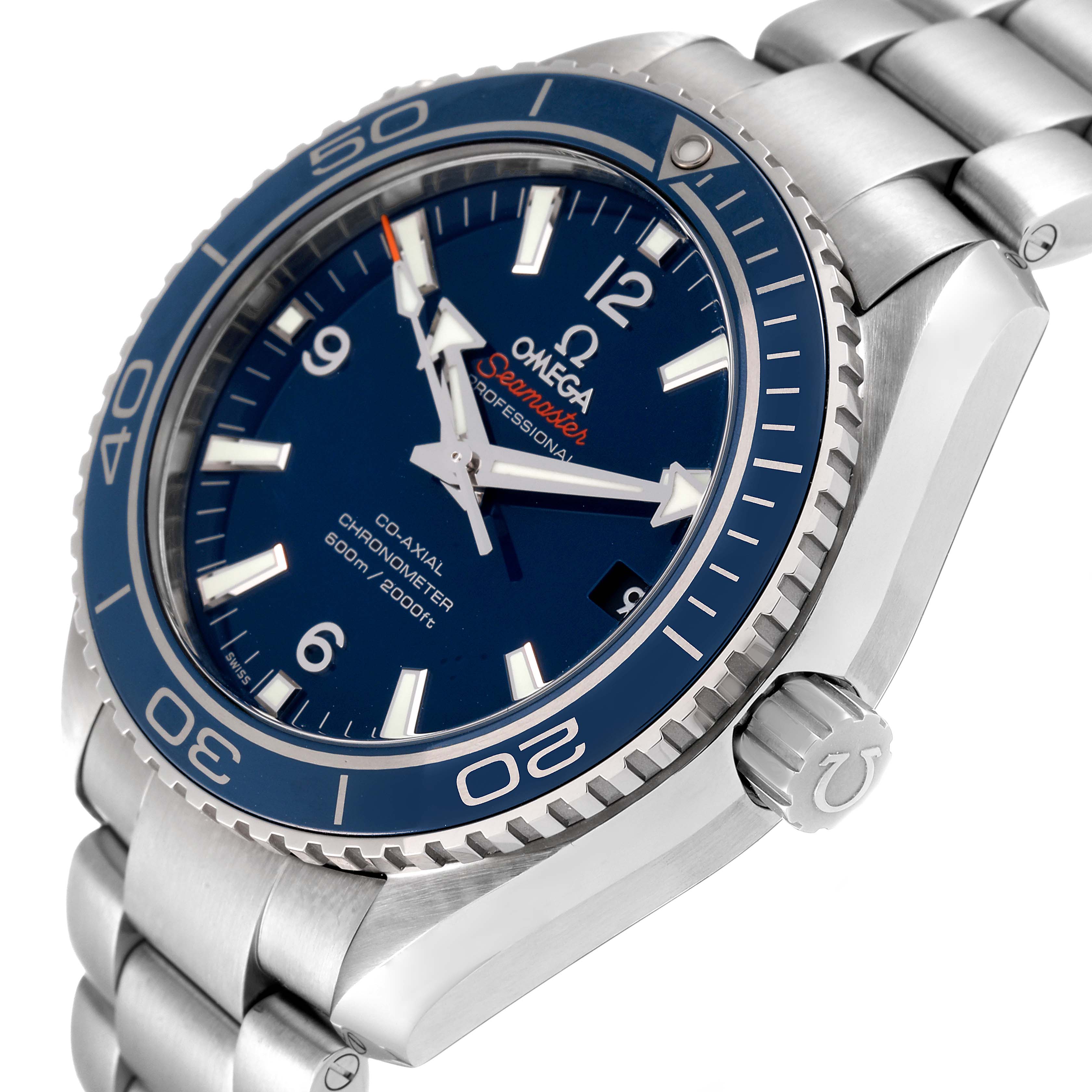 The Omega Planet Ocean 232.90.42.21.03.001 Men's Titanium Blue Dial 232.90.42.21.03.001 Men's Titanium Blue Dial watch is shown at a slight angle, highlighting the dial, bezel, and part of the bracelet and crown.