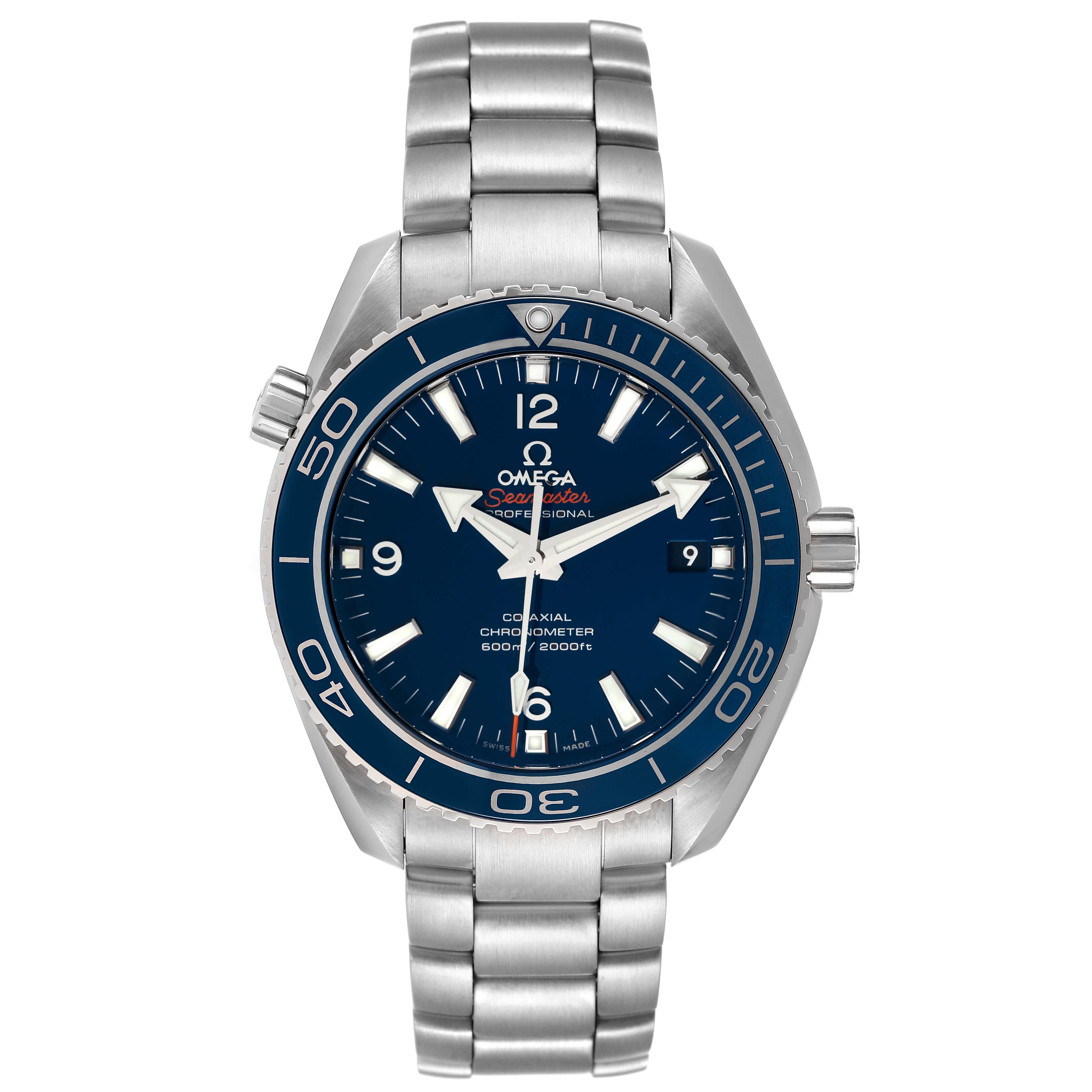 The image shows a front view of the Omega Planet Ocean 232.90.42.21.03.001 Men's Titanium Blue Dial 232.90.42.21.03.001 Men's Titanium Blue Dial watch, highlighting the dial, bezel, and stainless steel bracelet.