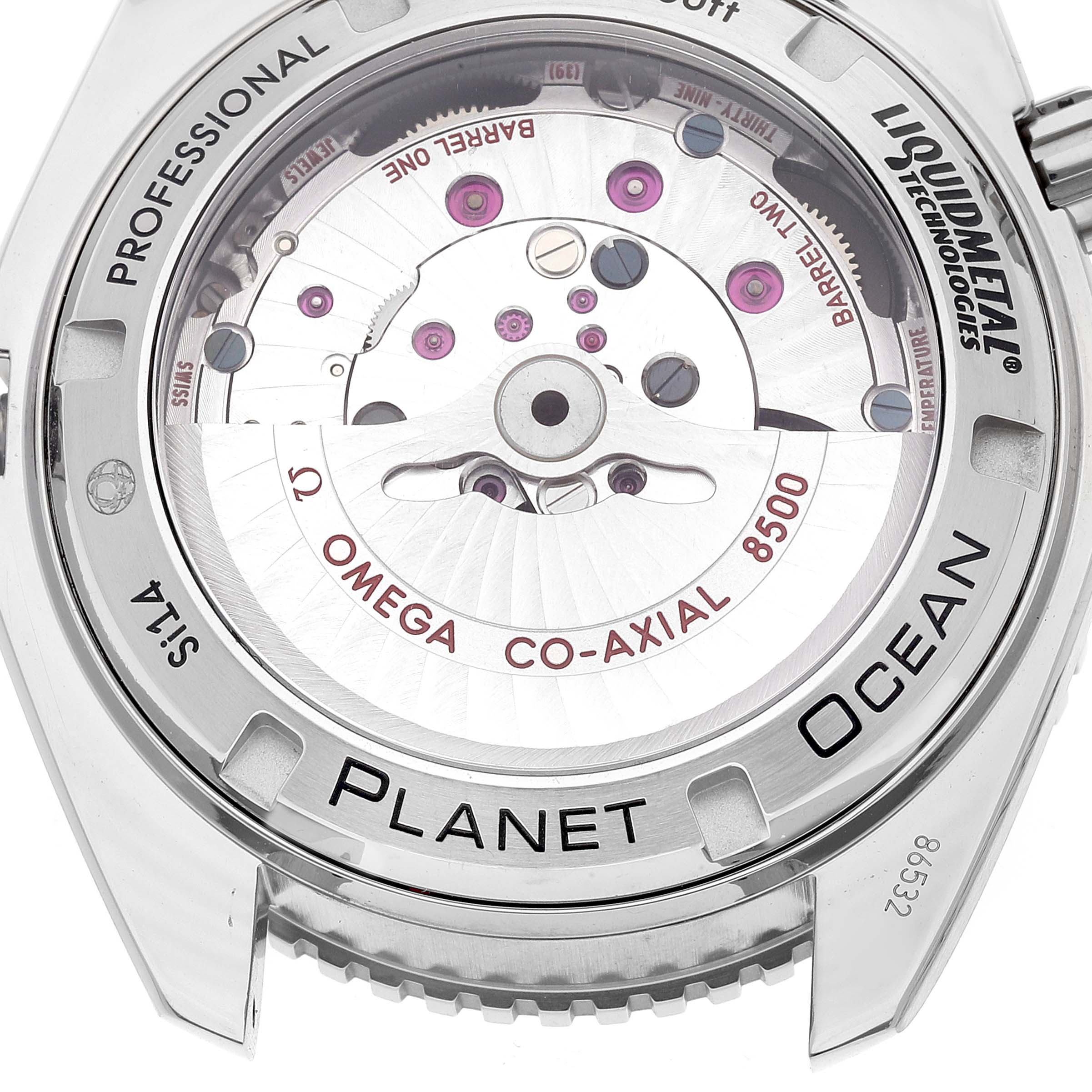 The image displays the back view of the Omega Planet Ocean 232.90.42.21.03.001 Men's Titanium Blue Dial 232.90.42.21.03.001 Men's Titanium Blue Dial watch, revealing the Co-Axial 8500 movement.