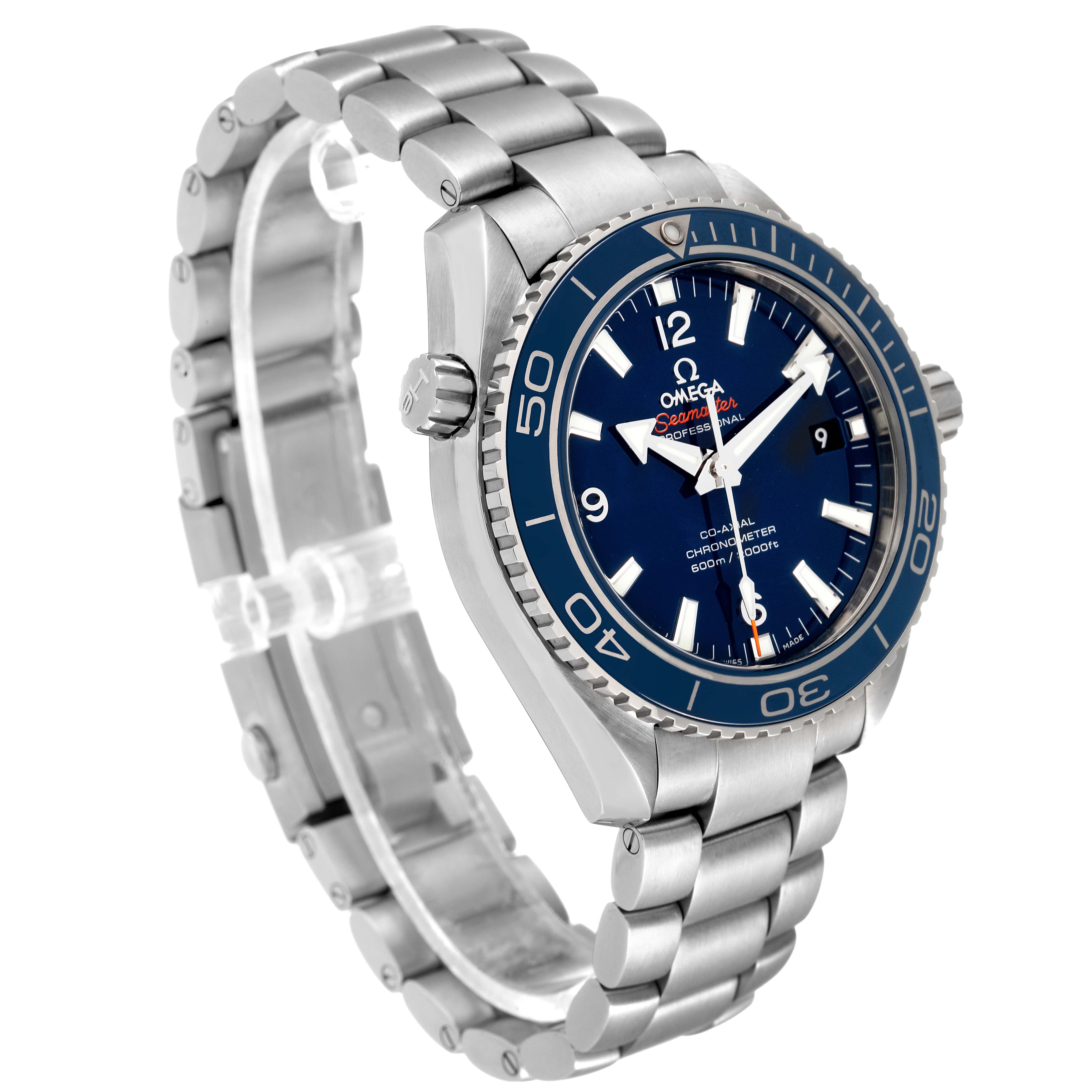 The Omega Planet Ocean 232.90.42.21.03.001 Men's Titanium Blue Dial 232.90.42.21.03.001 Men's Titanium Blue Dial watch is shown at a slight angle, highlighting the face, bezel, and part of the metal bracelet.