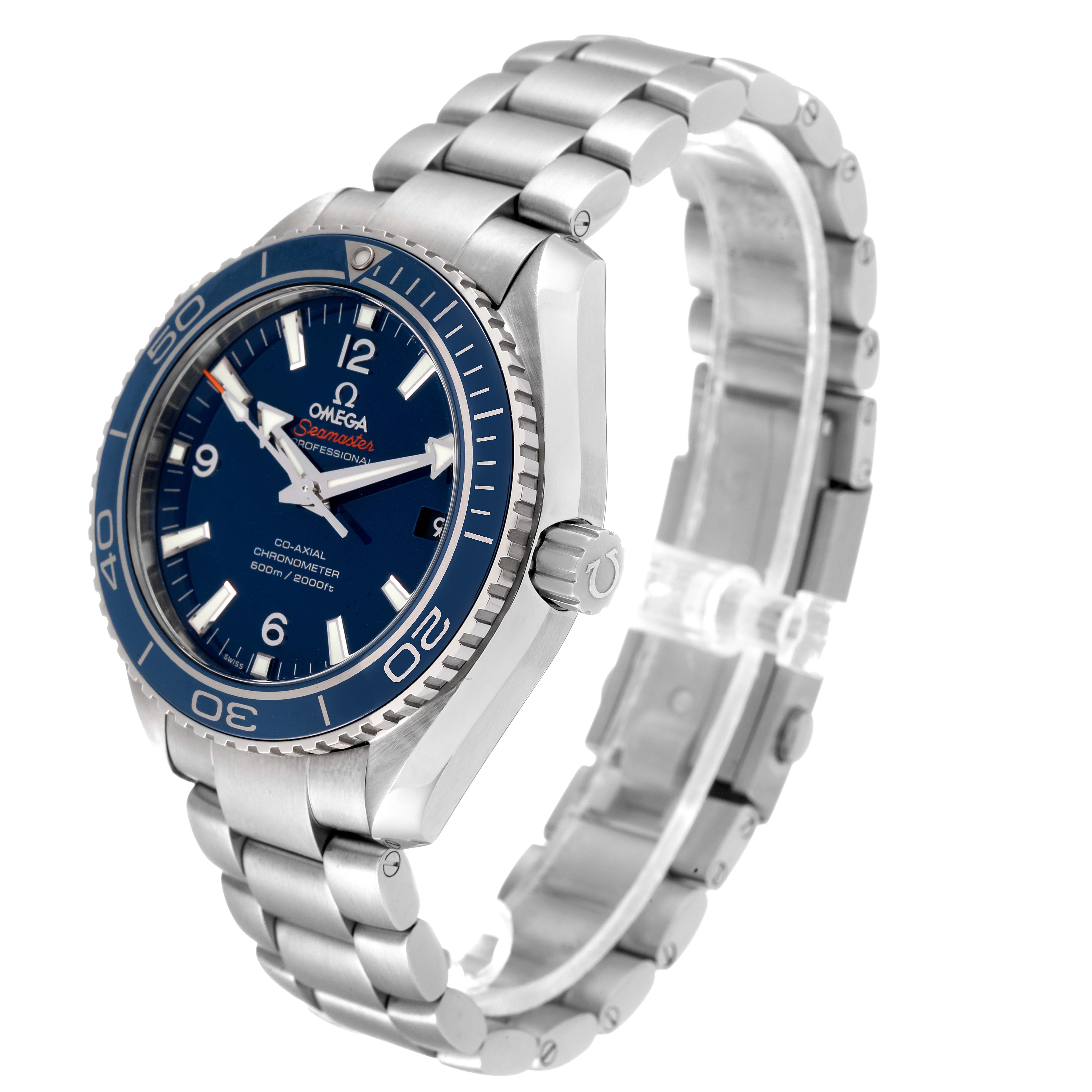 The Omega Planet Ocean 232.90.42.21.03.001 Men's Titanium Blue Dial 232.90.42.21.03.001 Men's Titanium Blue Dial watch is shown at a three-quarter angle, displaying its face, bezel, crown, and metal bracelet.