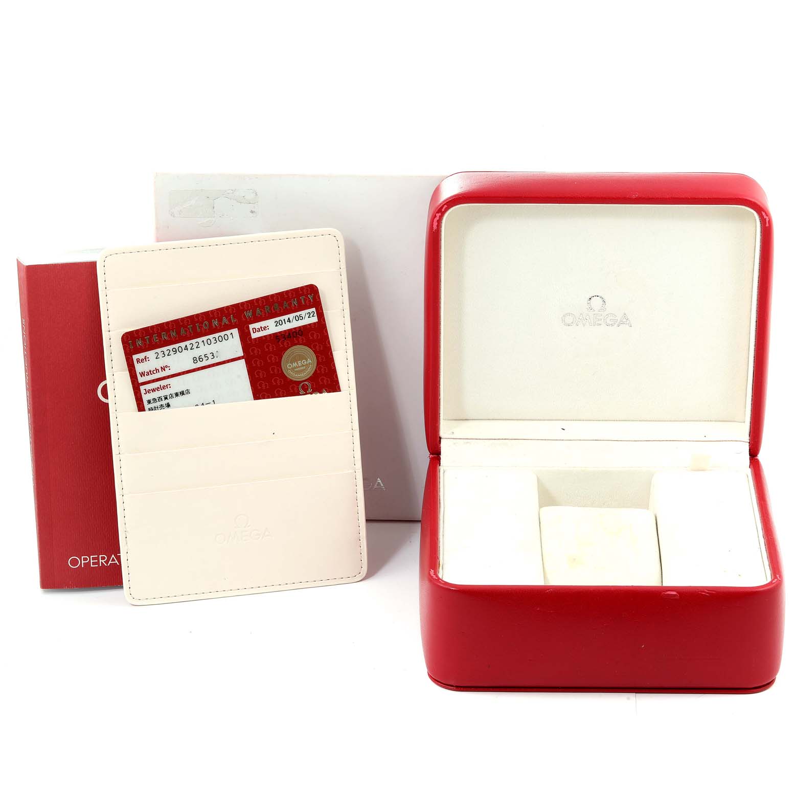 The image shows the red Omega Planet Ocean 232.90.42.21.03.001 Men's Titanium Blue Dial 232.90.42.21.03.001 Men's Titanium Blue Dial watch box, warranty card, and accompanying documentation at an angled side view.