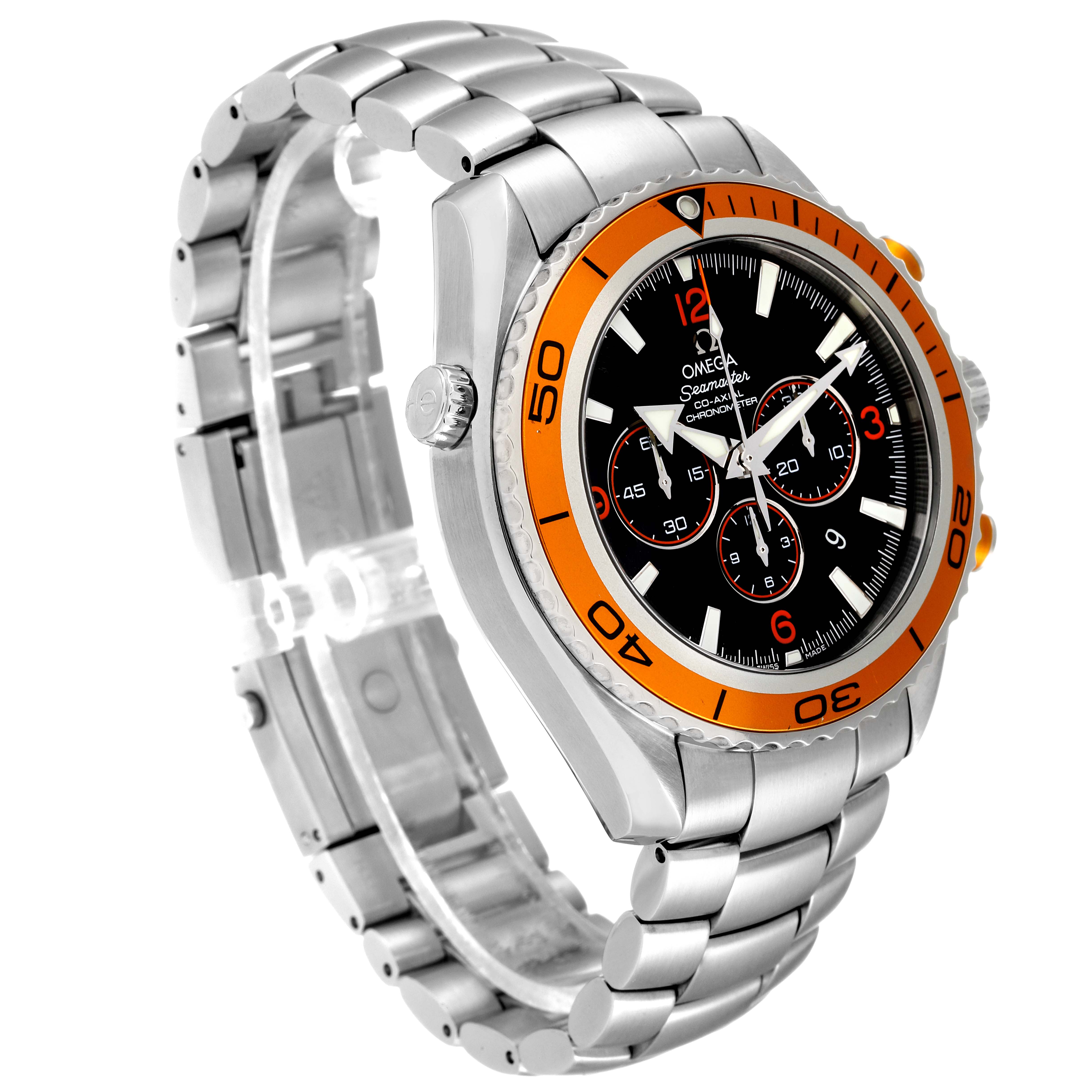 The image shows an angled side view of an Omega Planet Ocean 2218.50.00 Men
s Stainless Steel Black Dial 2218.50.00 Men
s Stainless Steel Black Dial watch, featuring a metal bracelet and an orange bezel.