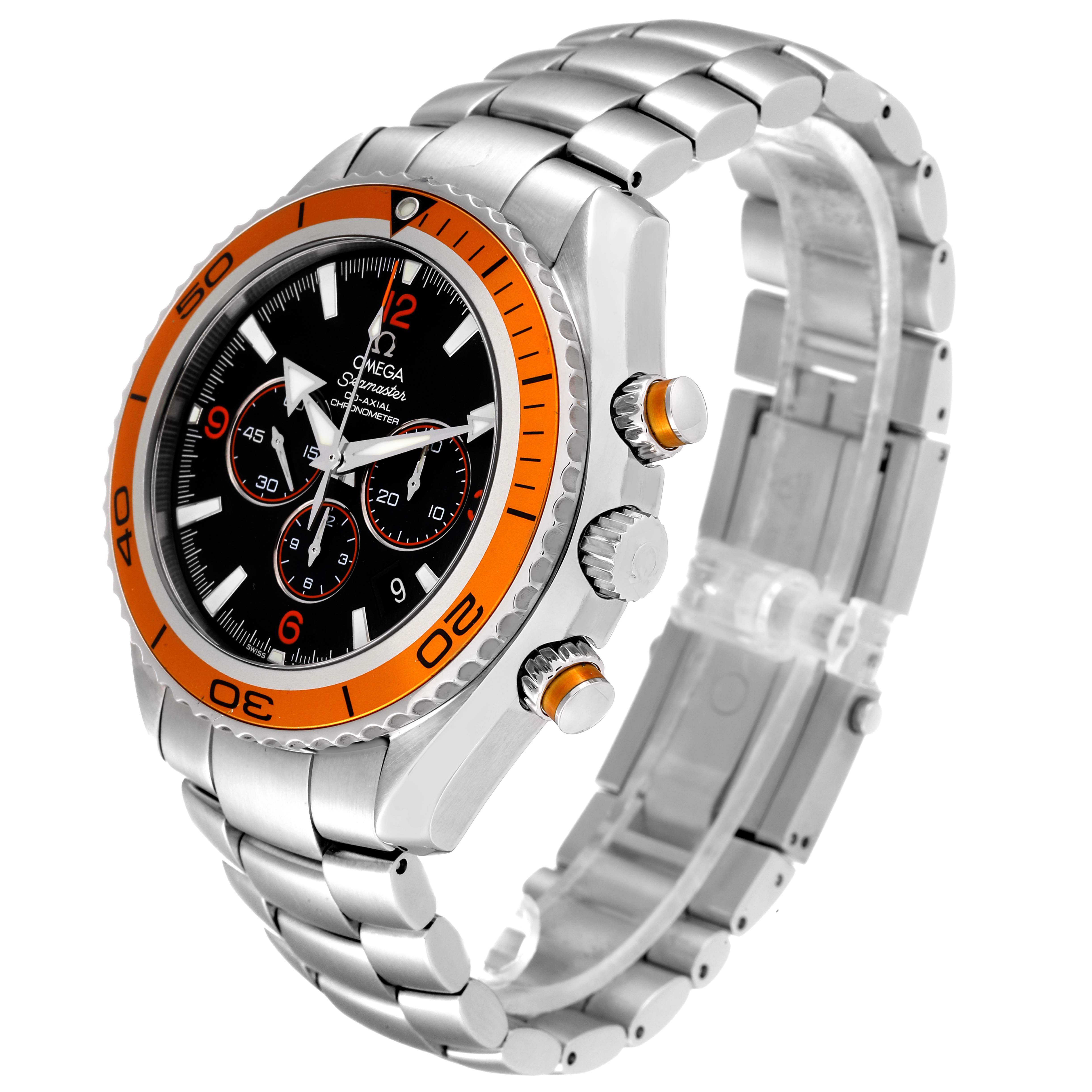 The Omega Planet Ocean 2218.50.00 Men
s Stainless Steel Black Dial 2218.50.00 Men
s Stainless Steel Black Dial watch is shown from a right three-quarter angle, displaying its bezel, dial, chronograph buttons, and bracelet.