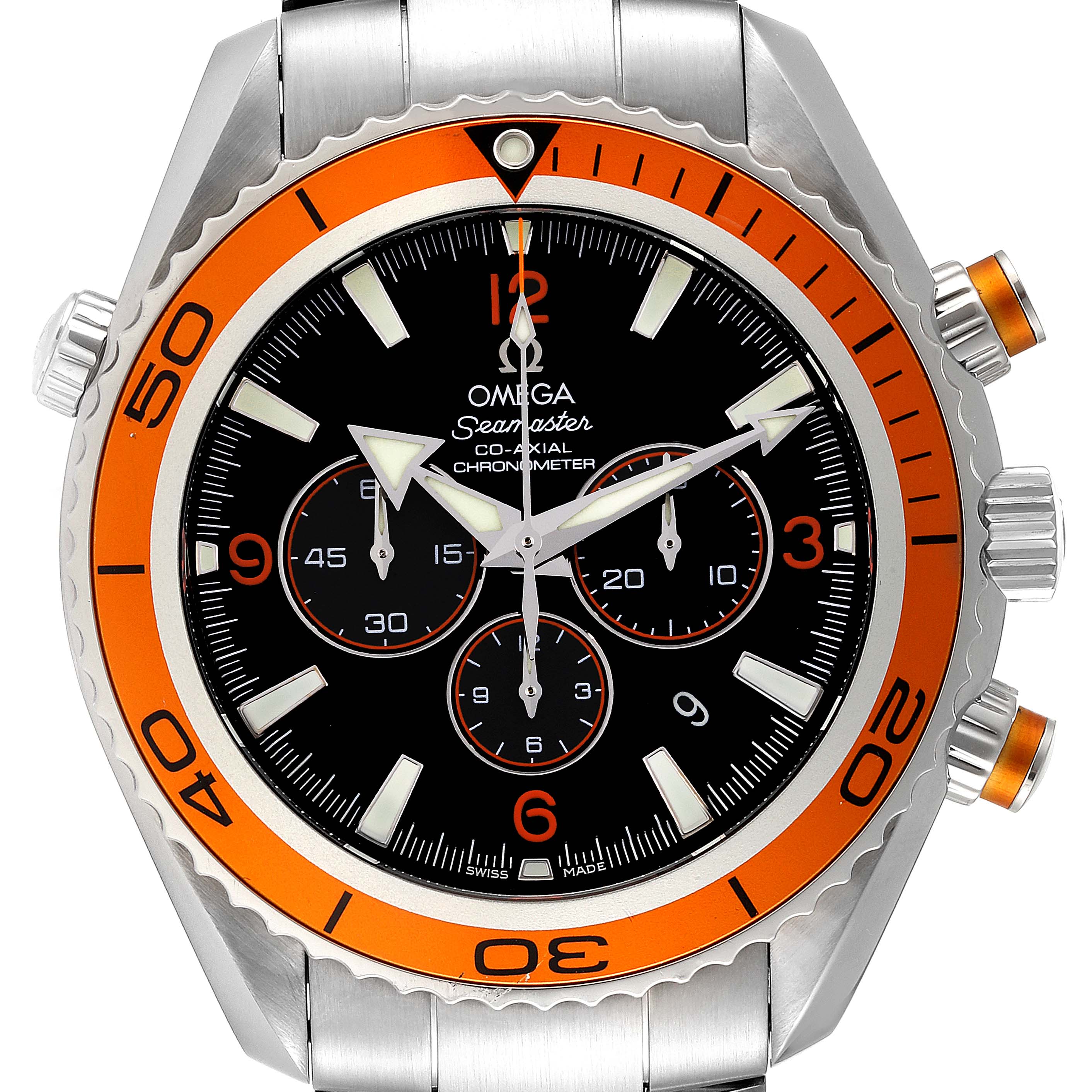 The image shows a front view of the Omega Seamaster Planet Ocean watch displaying the face, bezel, and part of the bracelet.