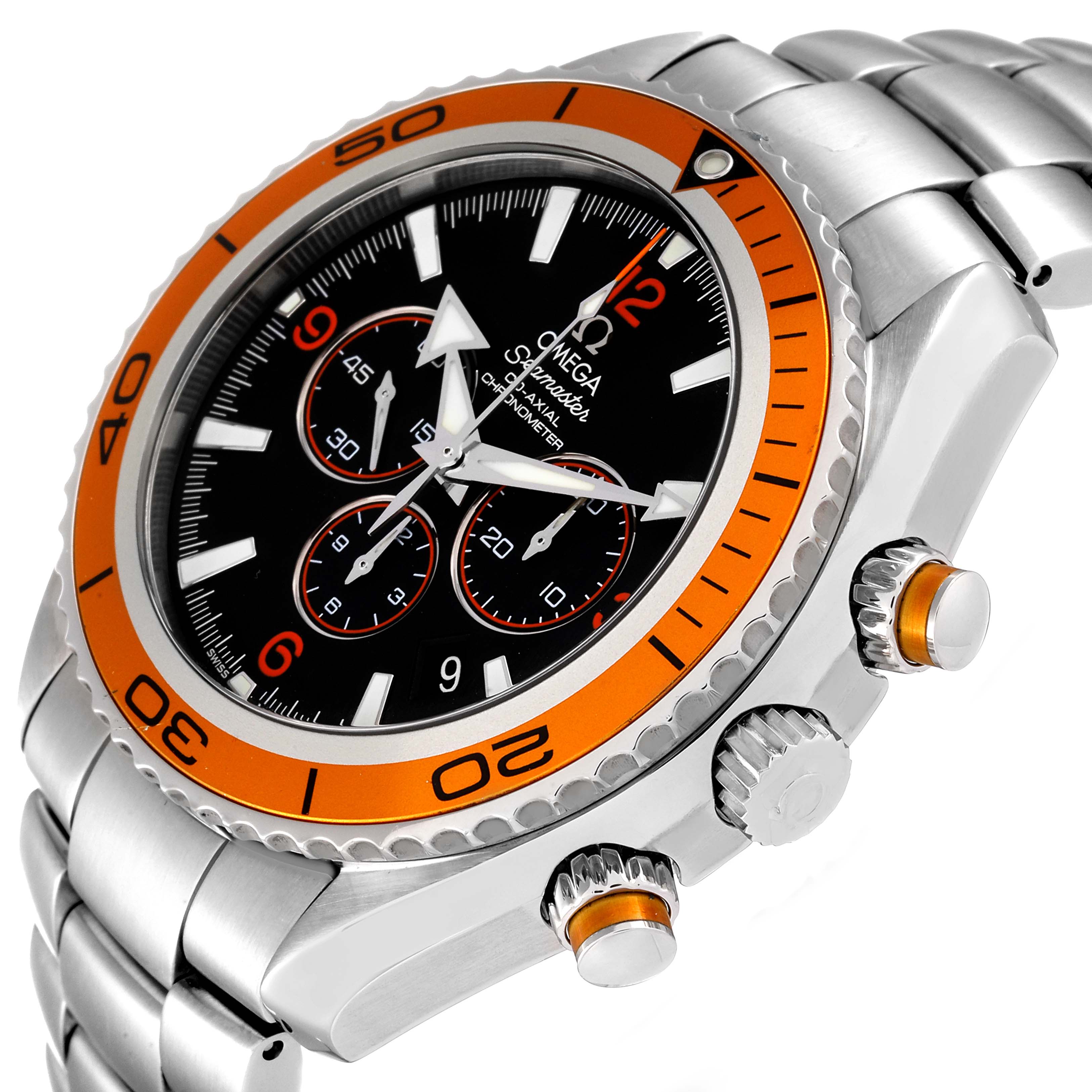 The image displays the Omega Planet Ocean 2218.50.00 Men
s Stainless Steel Black Dial 2218.50.00 Men
s Stainless Steel Black Dial watch at a side angle, showing the dial, bezel, and pushers on the right.