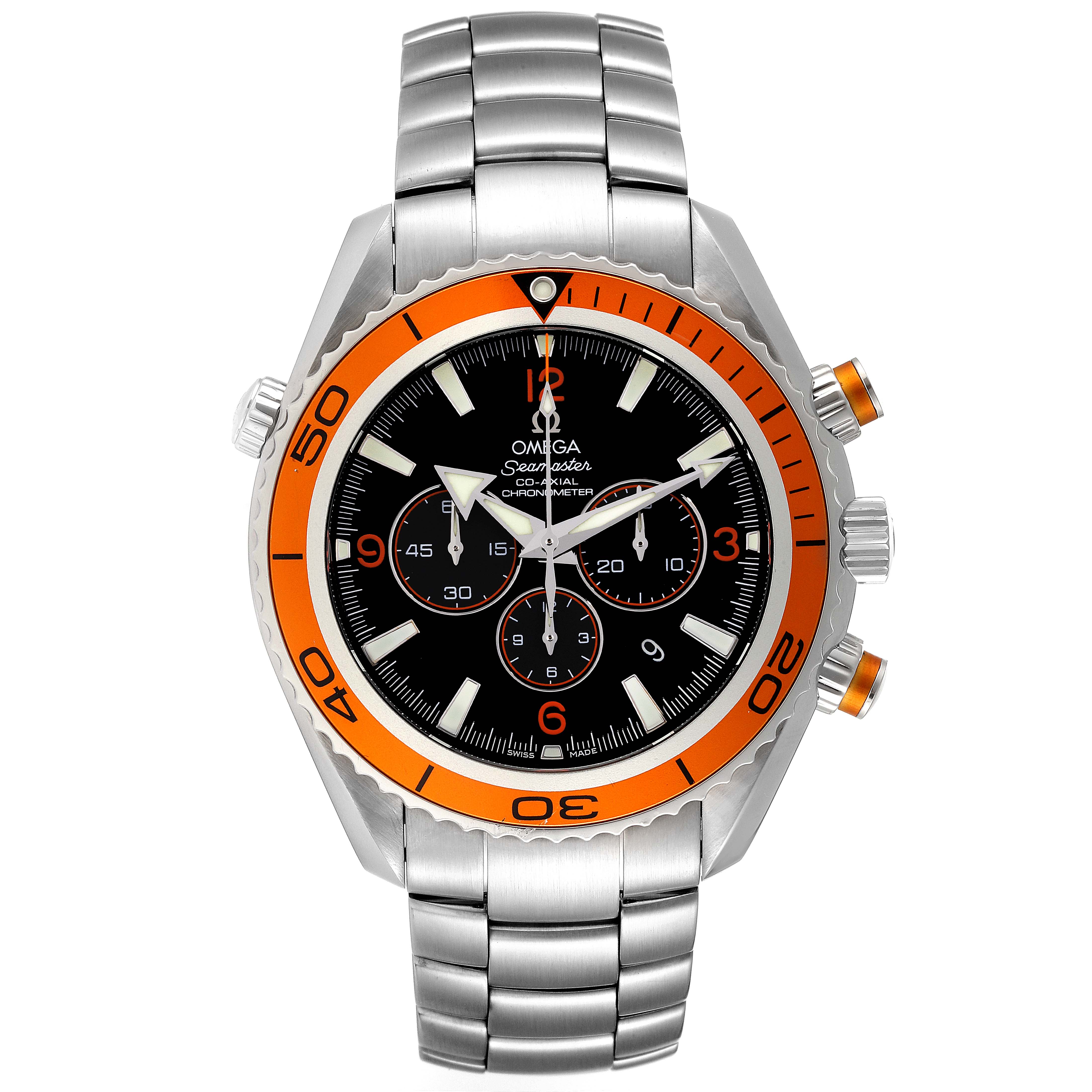 The image shows a front view of the Omega Planet Ocean 2218.50.00 Men
s Stainless Steel Black Dial 2218.50.00 Men
s Stainless Steel Black Dial watch featuring a stainless steel bracelet, orange bezel, and chronograph subdials.
