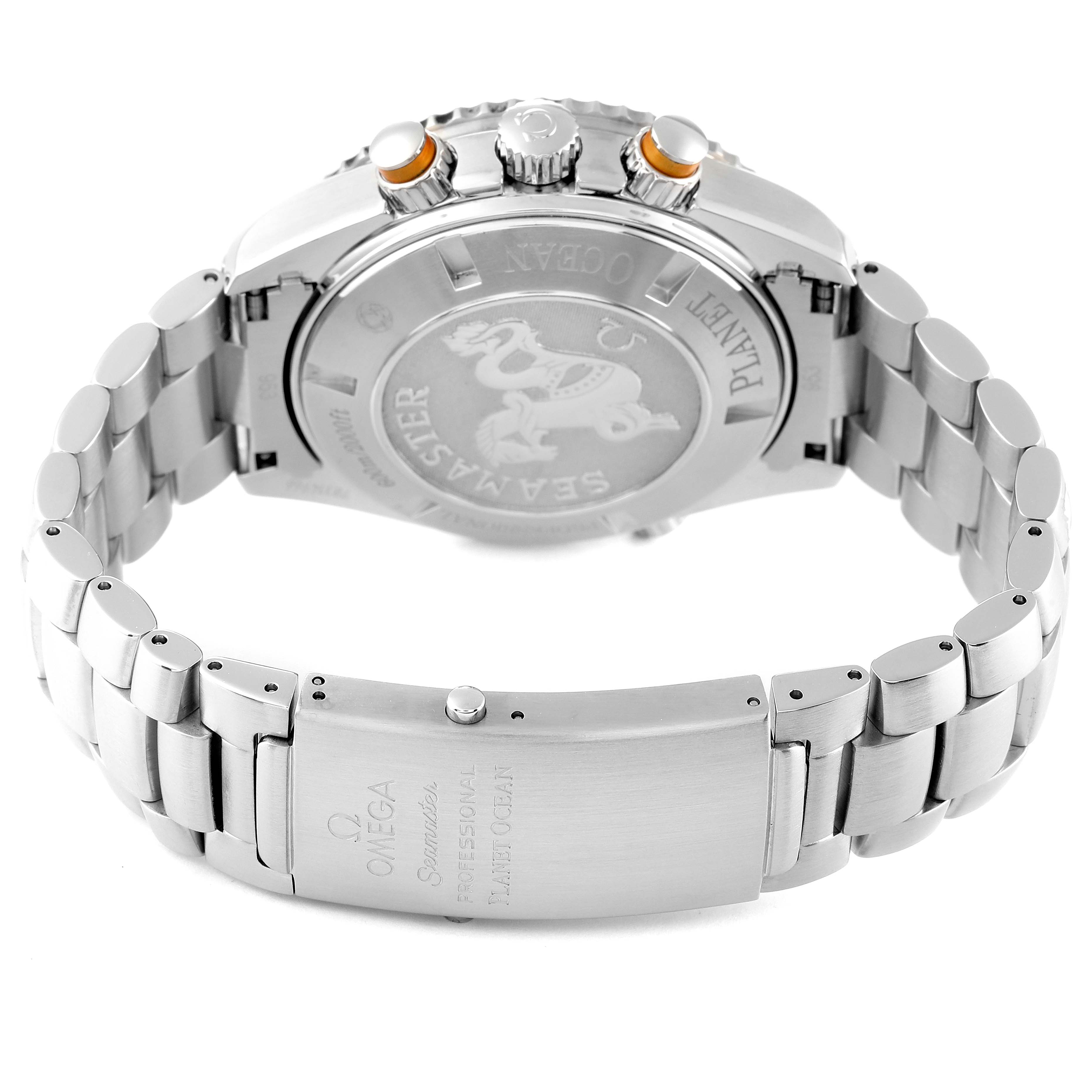 The image shows the back and clasp of an Omega Seamaster Planet Ocean watch.