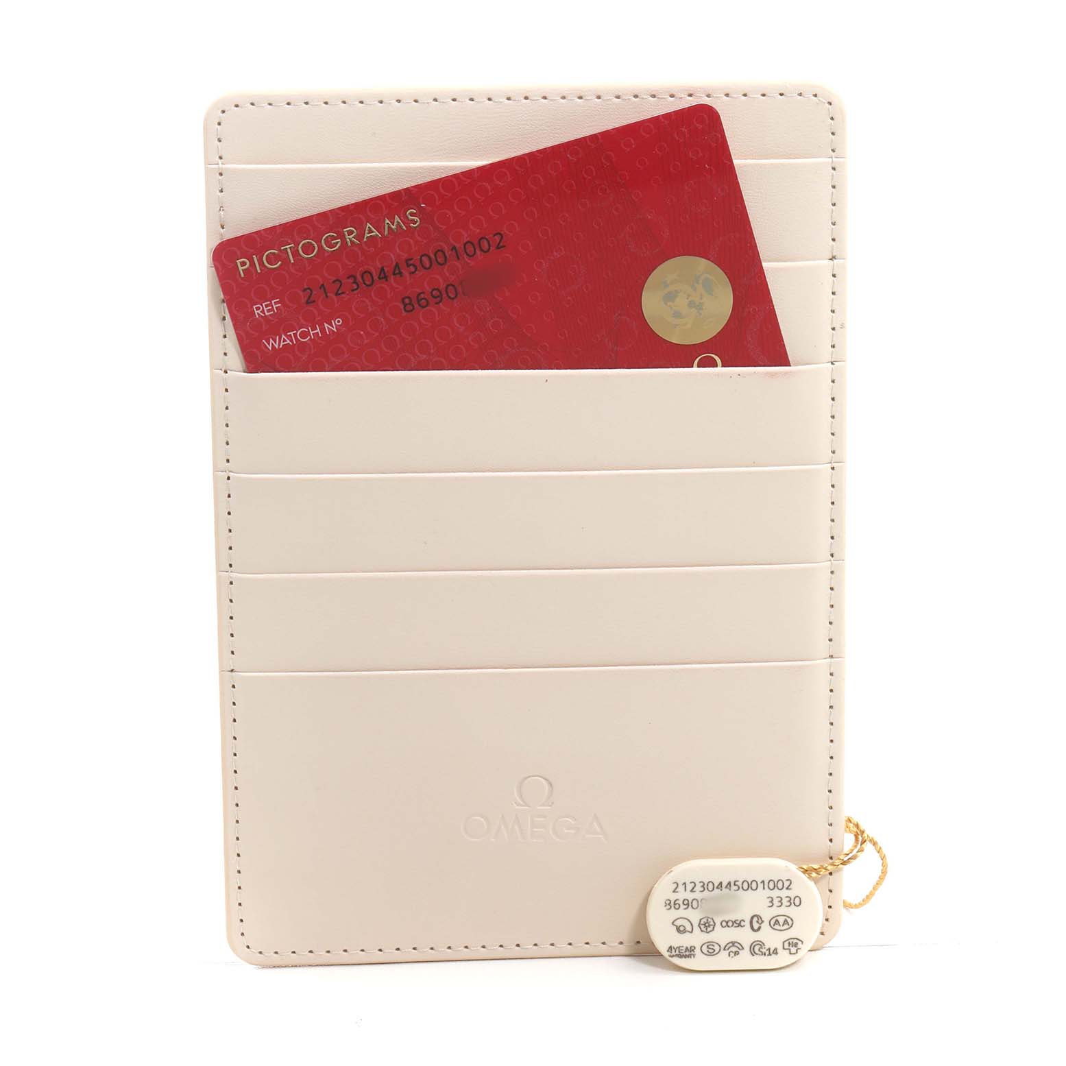 The image shows an Omega Seamaster 212.30.44.50.01.002 Men's Stainless Steel Black Dial model cardholder with a red pictogram card and a tag attached.