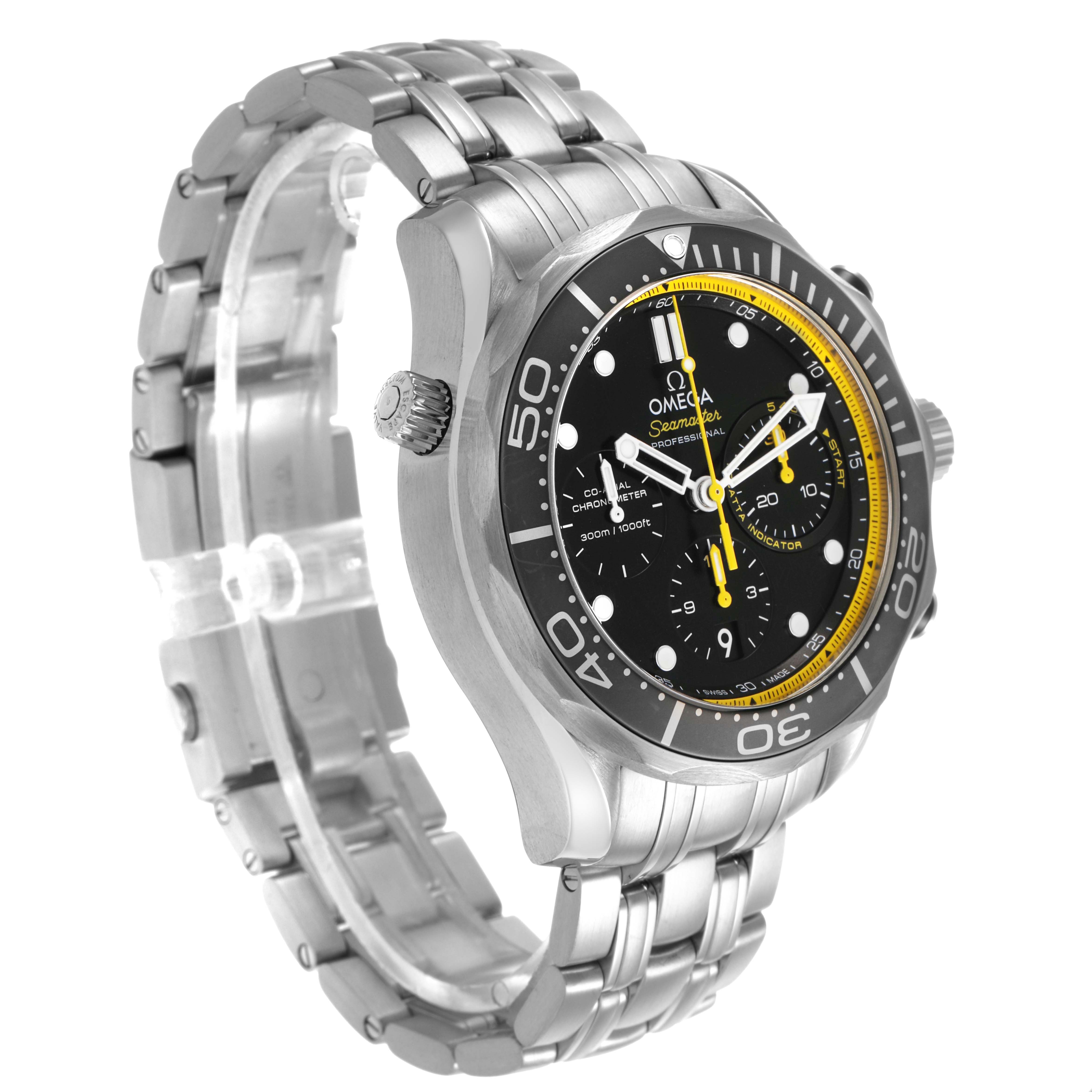 The image shows the Omega Seamaster 212.30.44.50.01.002 Men's Stainless Steel Black Dial watch at a three-quarter angle, highlighting the dial, bezel, case, and bracelet.
