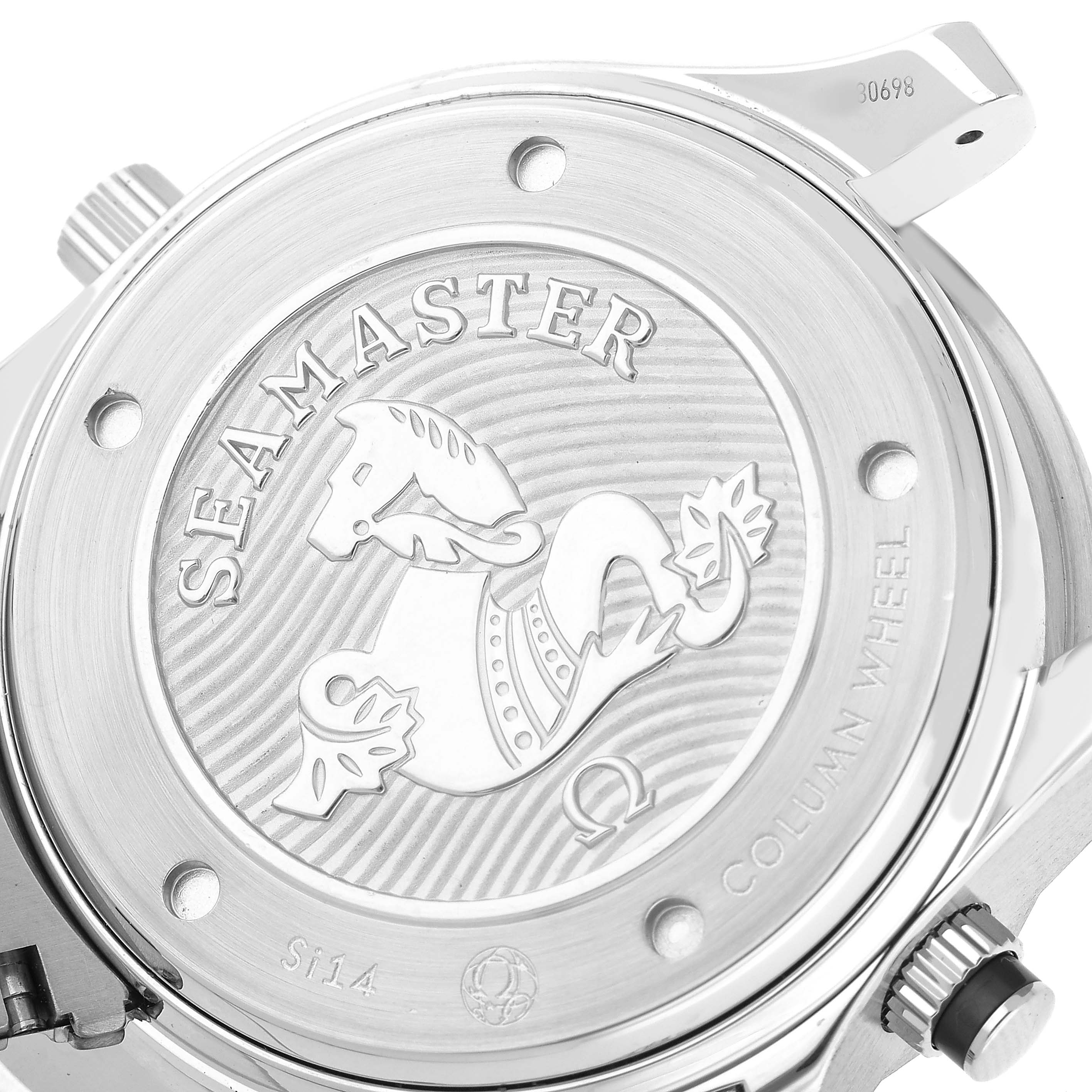 The image shows the back case of an Omega Seamaster 212.30.44.50.01.002 Men's Stainless Steel Black Dial watch, featuring embossed logo details and text.