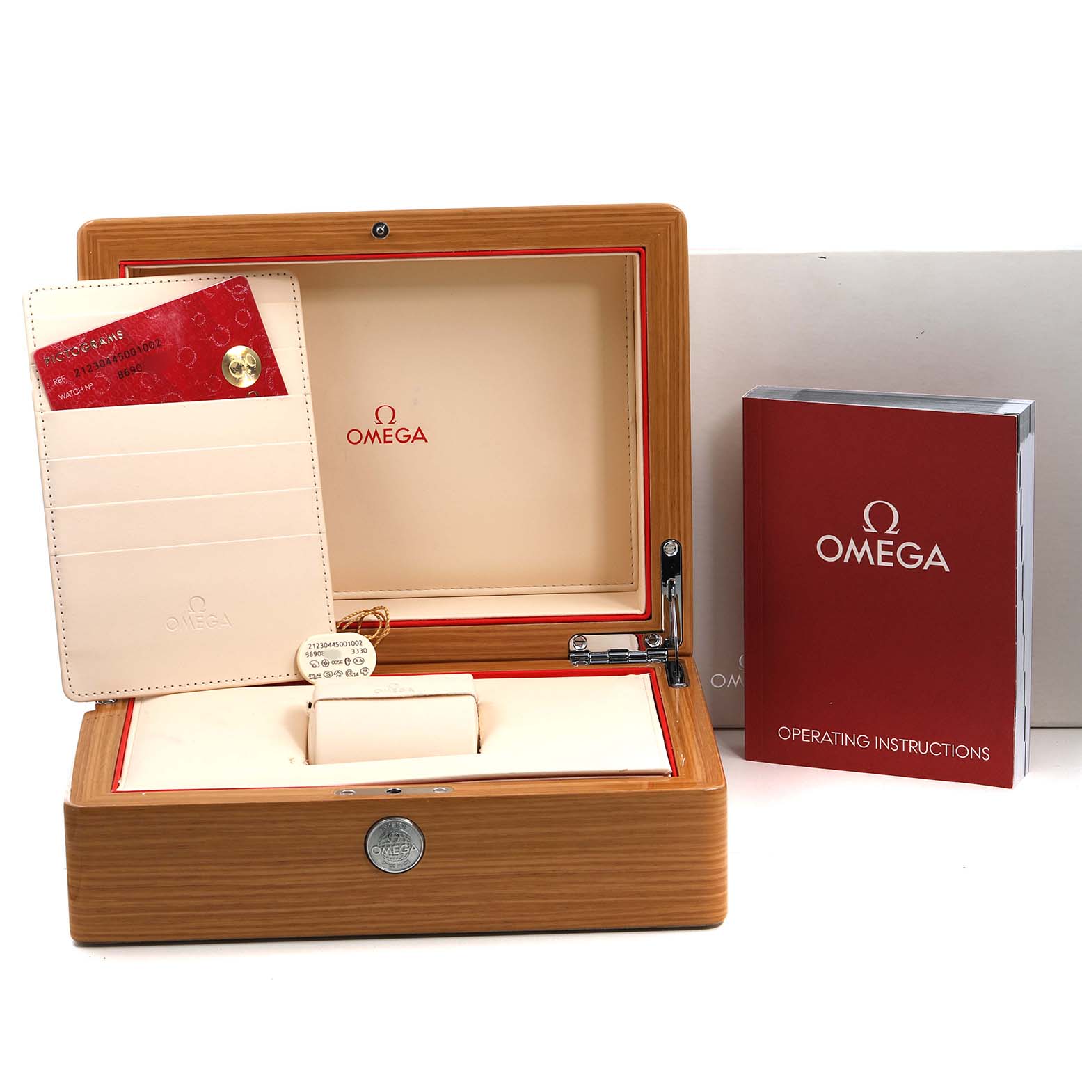 The image shows an open Omega Seamaster 212.30.44.50.01.002 Men's Stainless Steel Black Dial watch box, with cards, a manual, and Omega branding visible.