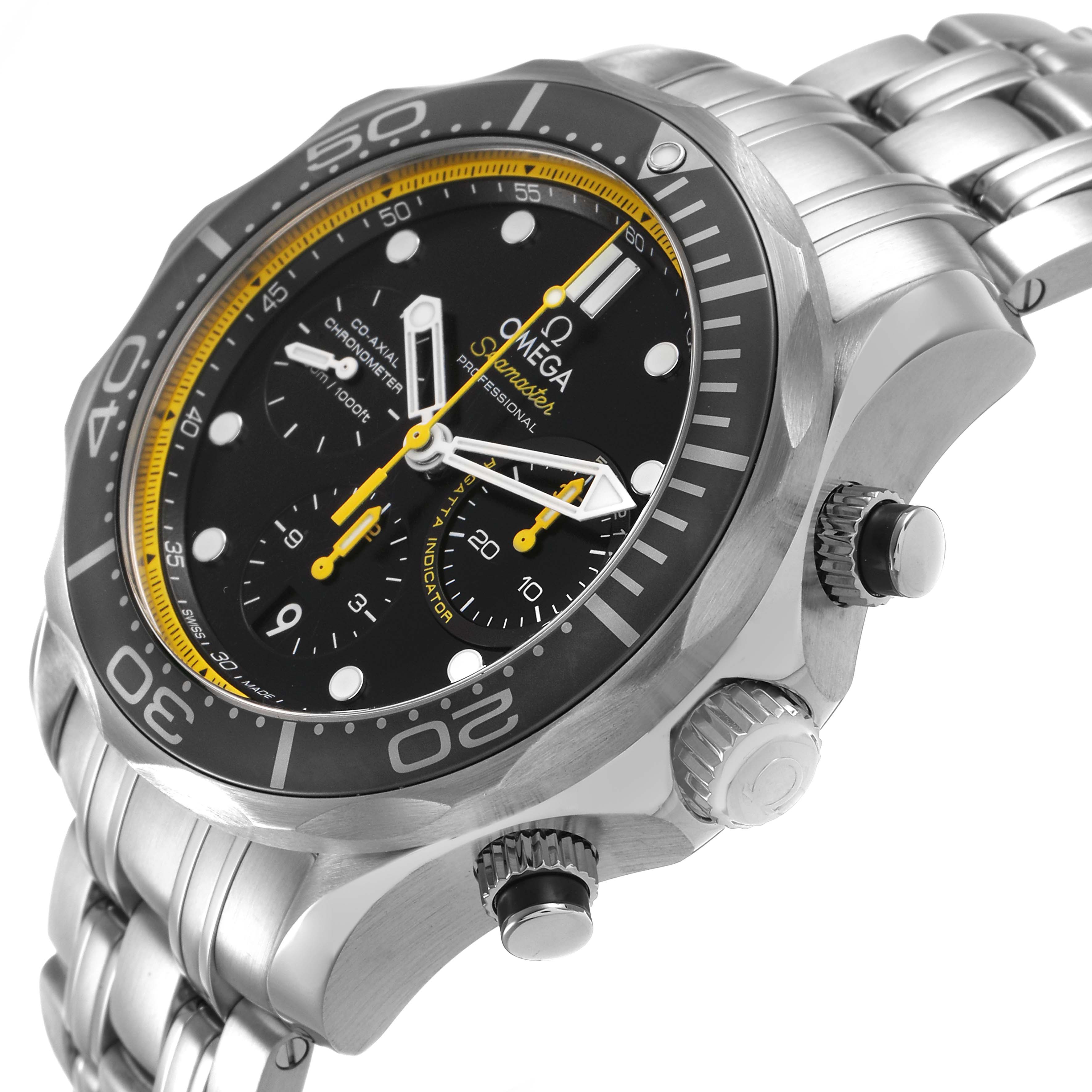 The Omega Seamaster 212.30.44.50.01.002 Men's Stainless Steel Black Dial watch is shown from an angled side view, highlighting its bezel, crown, pushers, and bracelet.