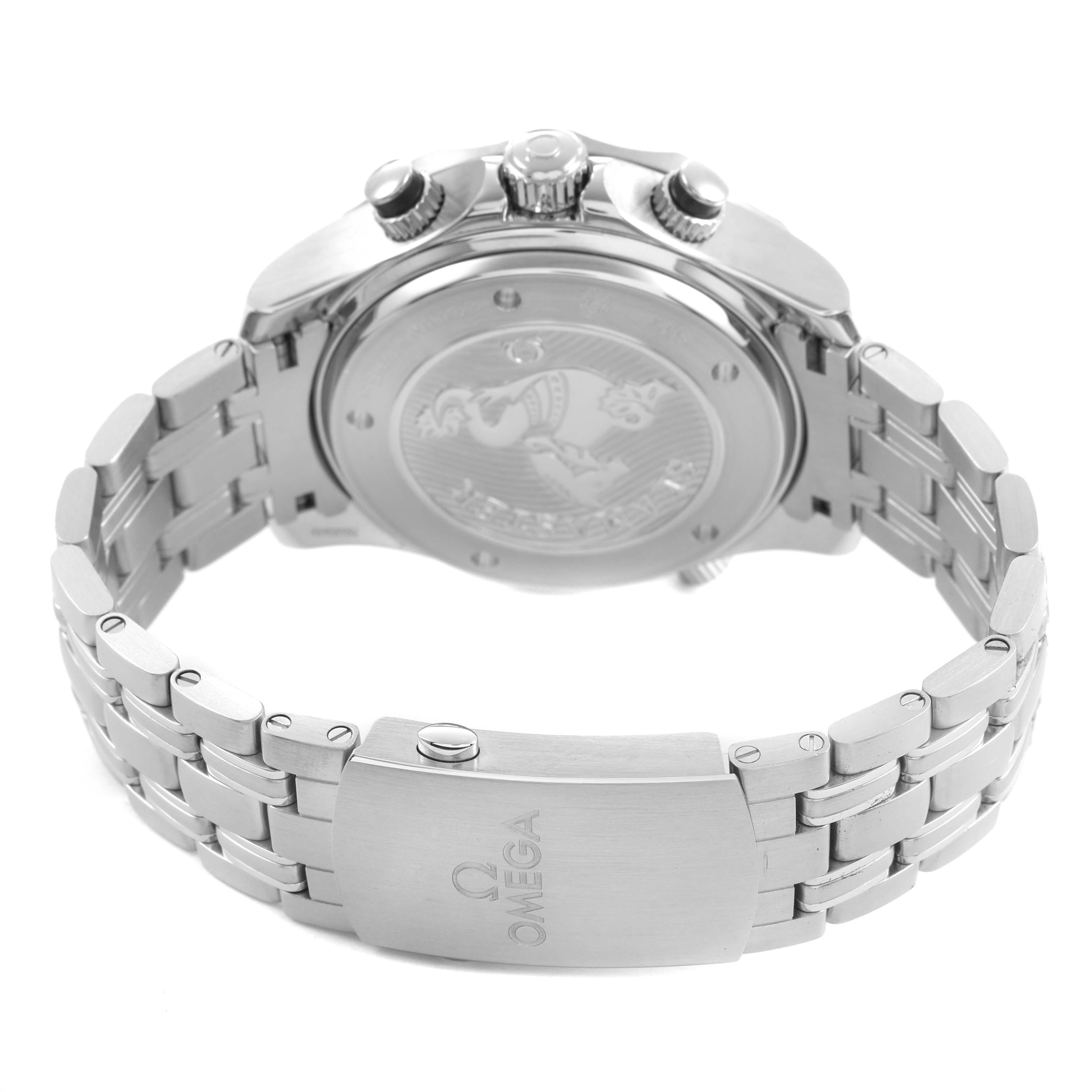 The image shows the back and bracelet of an Omega Seamaster 212.30.44.50.01.002 Men's Stainless Steel Black Dial, highlighting the case back, clasp, and crown from a rear angle.