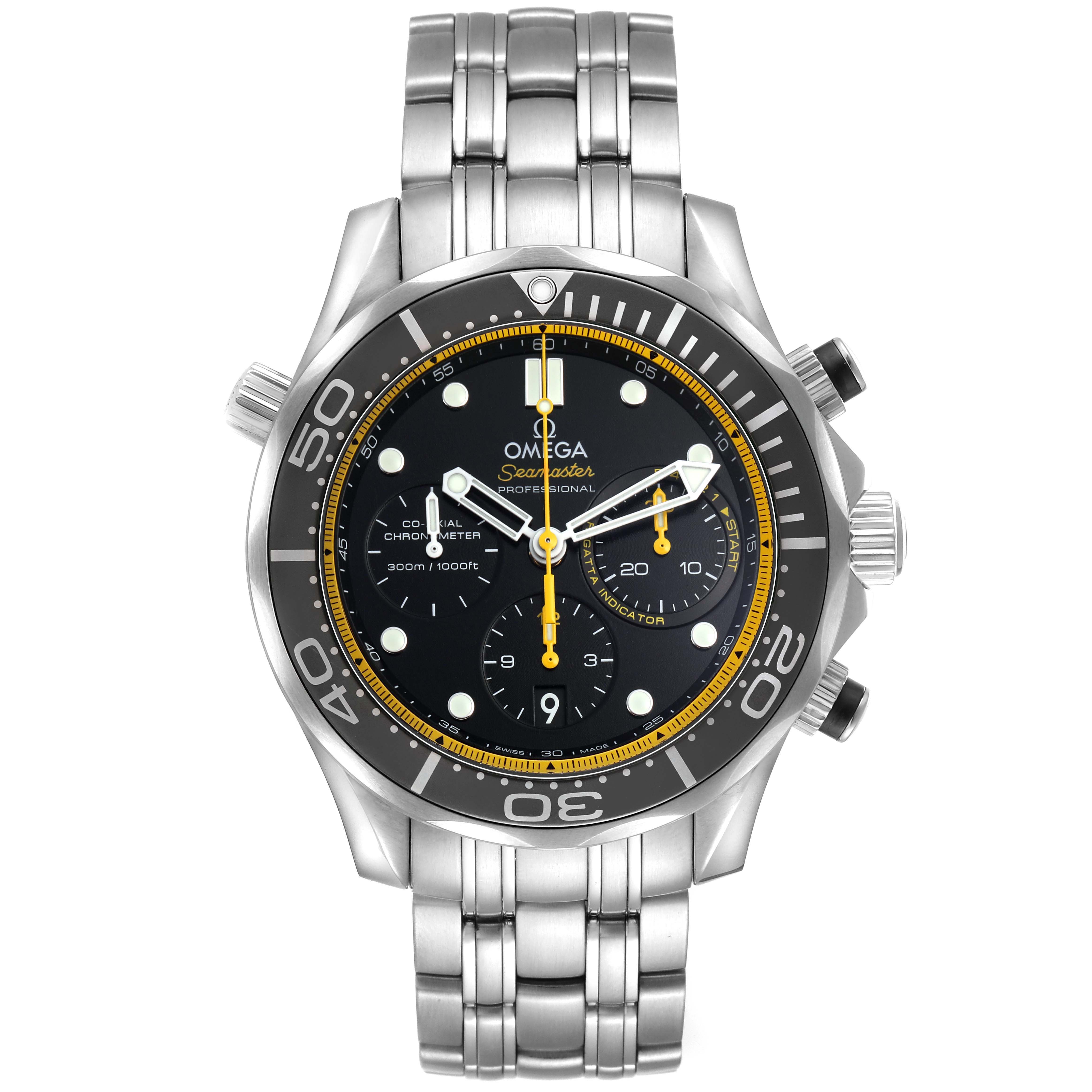 The Omega Seamaster 212.30.44.50.01.002 Men's Stainless Steel Black Dial watch is shown from a front angle, displaying the dial, bezel, subdials, and bracelet.