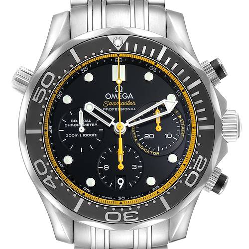 The Omega Seamaster 212.30.44.50.01.002 Men's Stainless Steel Black Dial watch is shown from the front, highlighting the dial, bezel, and stainless steel bracelet.
