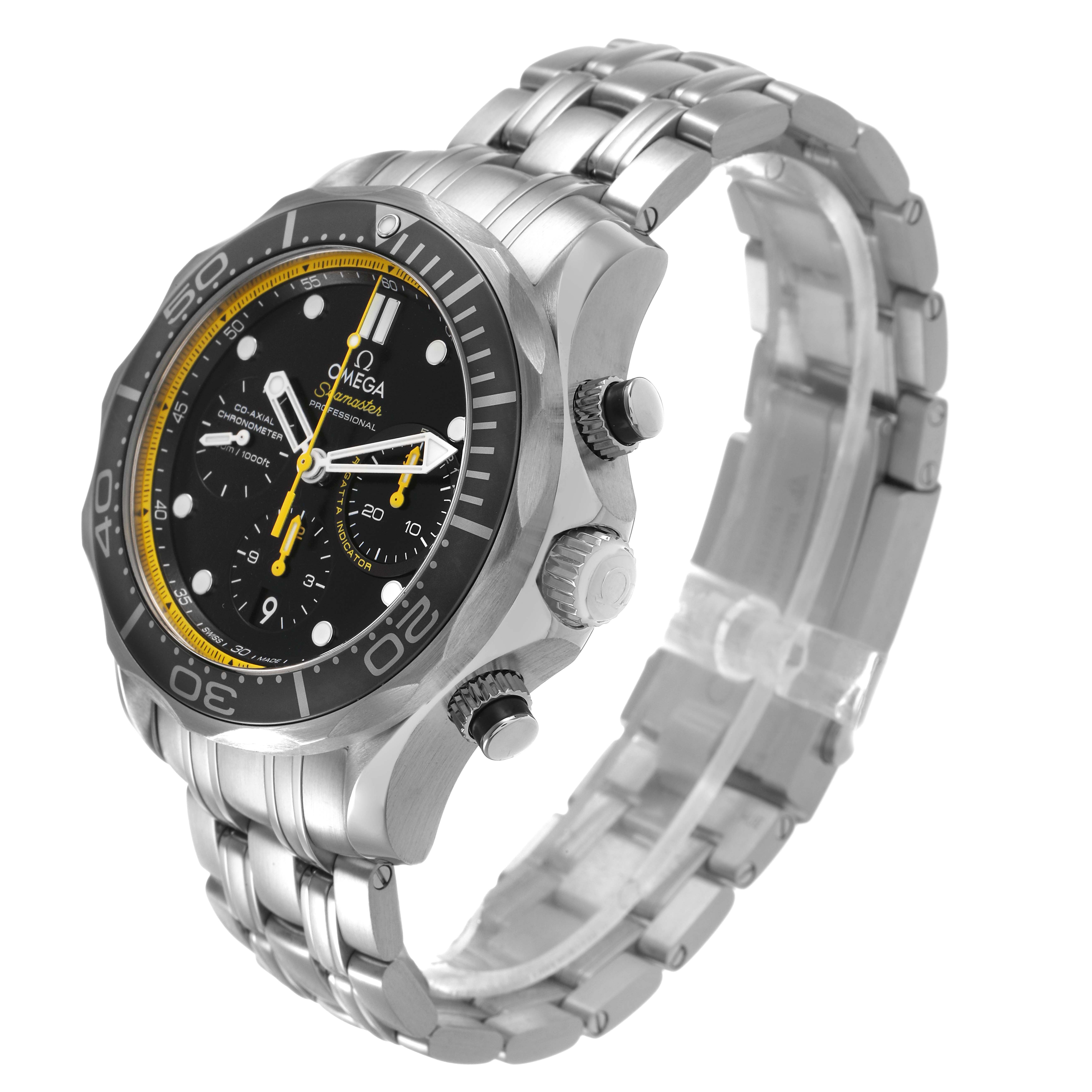 The Omega Seamaster 212.30.44.50.01.002 Men's Stainless Steel Black Dial watch is shown at a three-quarter angle, highlighting the face, bezel, crown, and bracelet.