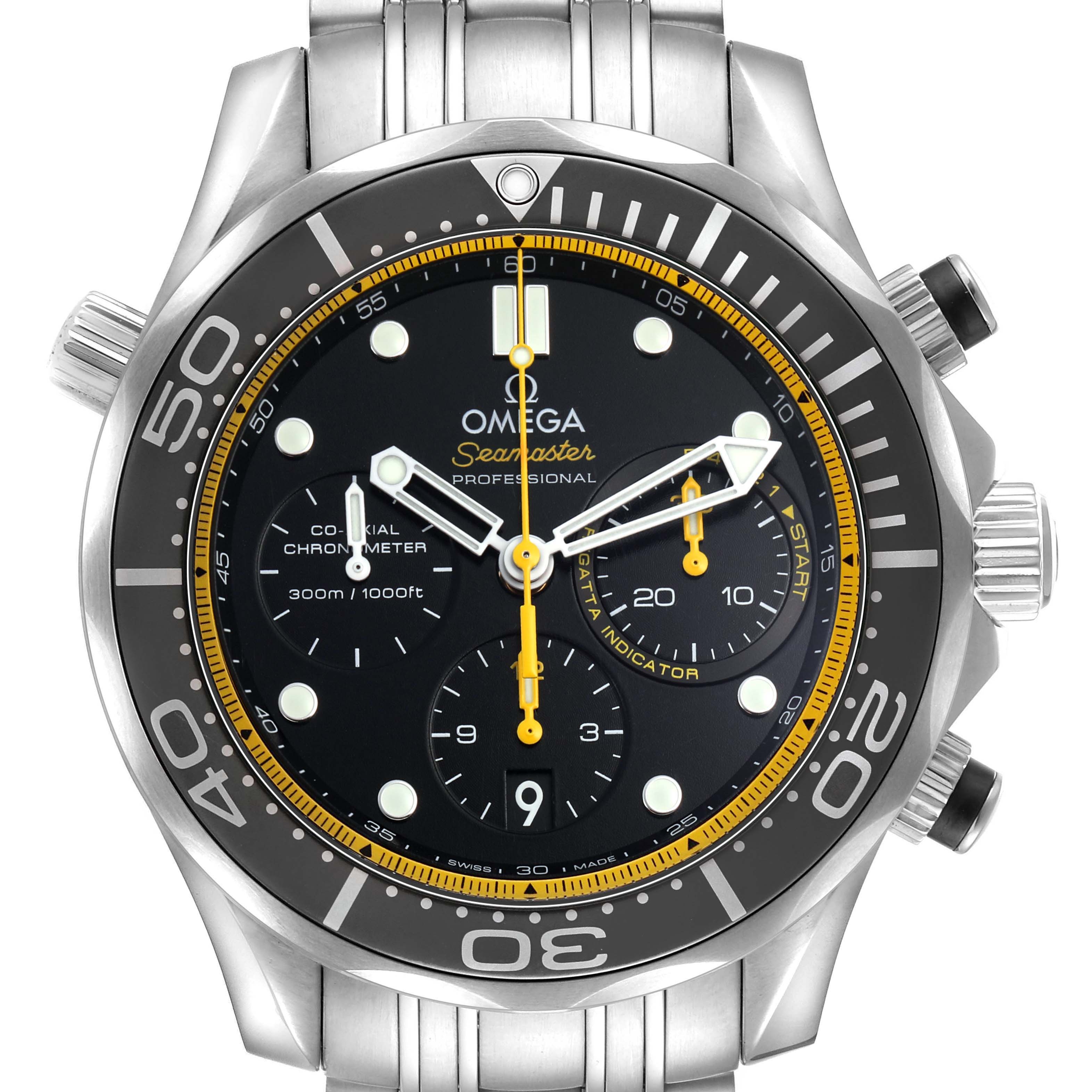 The Omega Seamaster 212.30.44.50.01.002 Men's Stainless Steel Black Dial watch is shown from the front, highlighting the dial, bezel, and chronograph subdials.