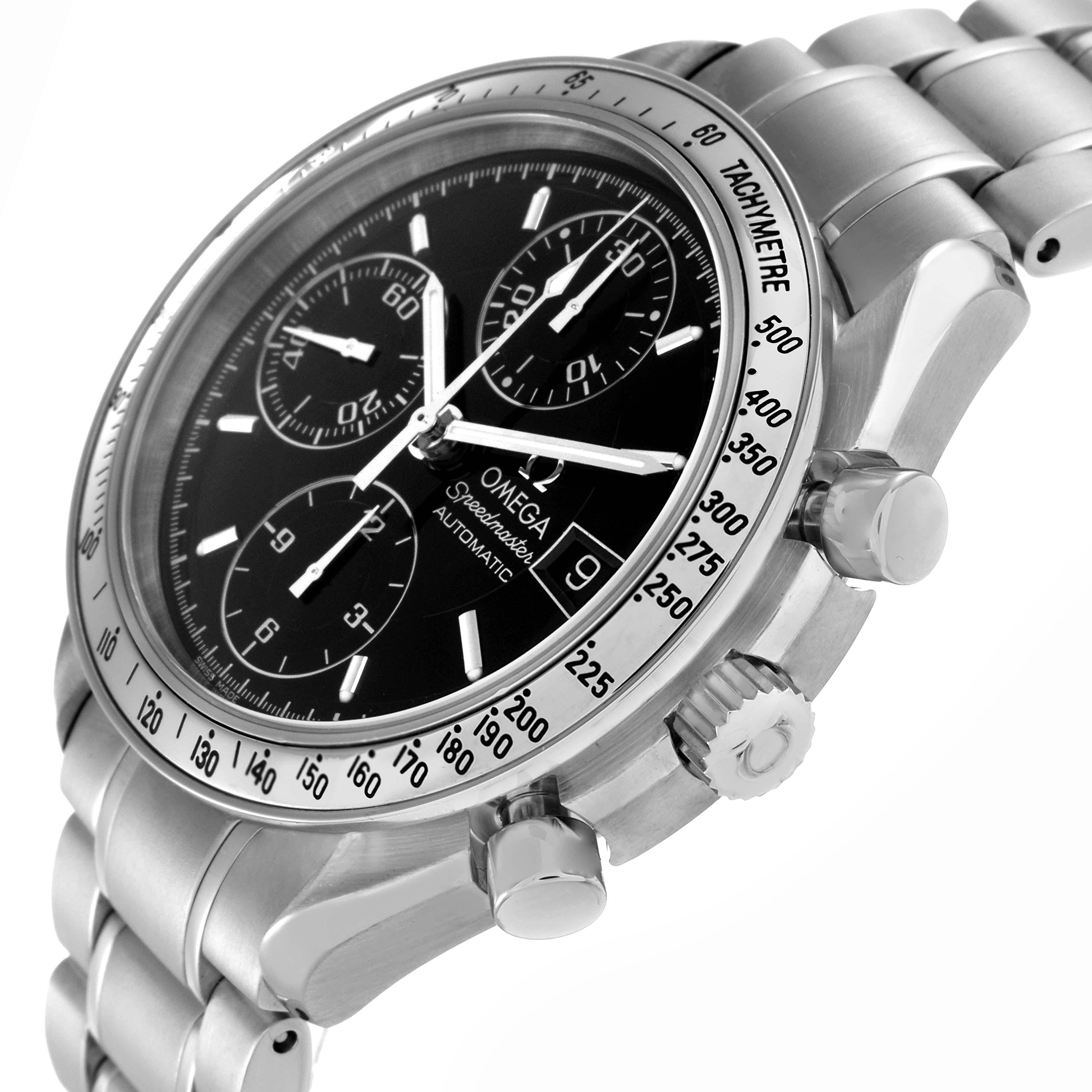 The Omega Speedmaster 3513.50.00 Men
s Stainless Steel Black Dial 3513.50.00 Men
s Stainless Steel Black Dial watch is shown at an angle highlighting the dial, tachymeter bezel, crown, pushers, and bracelet.