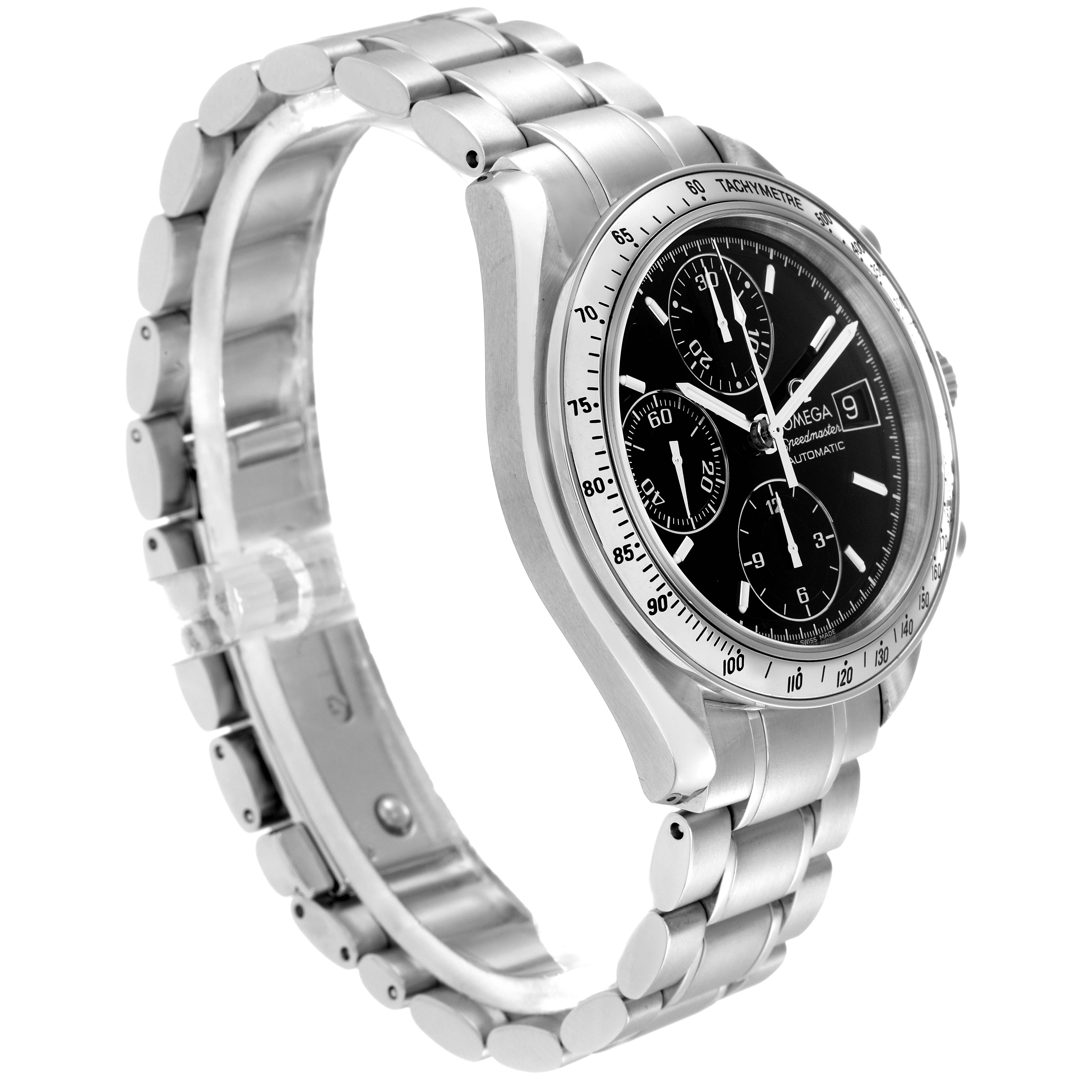 The Omega Speedmaster 3513.50.00 Men
s Stainless Steel Black Dial 3513.50.00 Men
s Stainless Steel Black Dial watch is shown at a slight side angle, highlighting the dial, bezel, and metal bracelet.