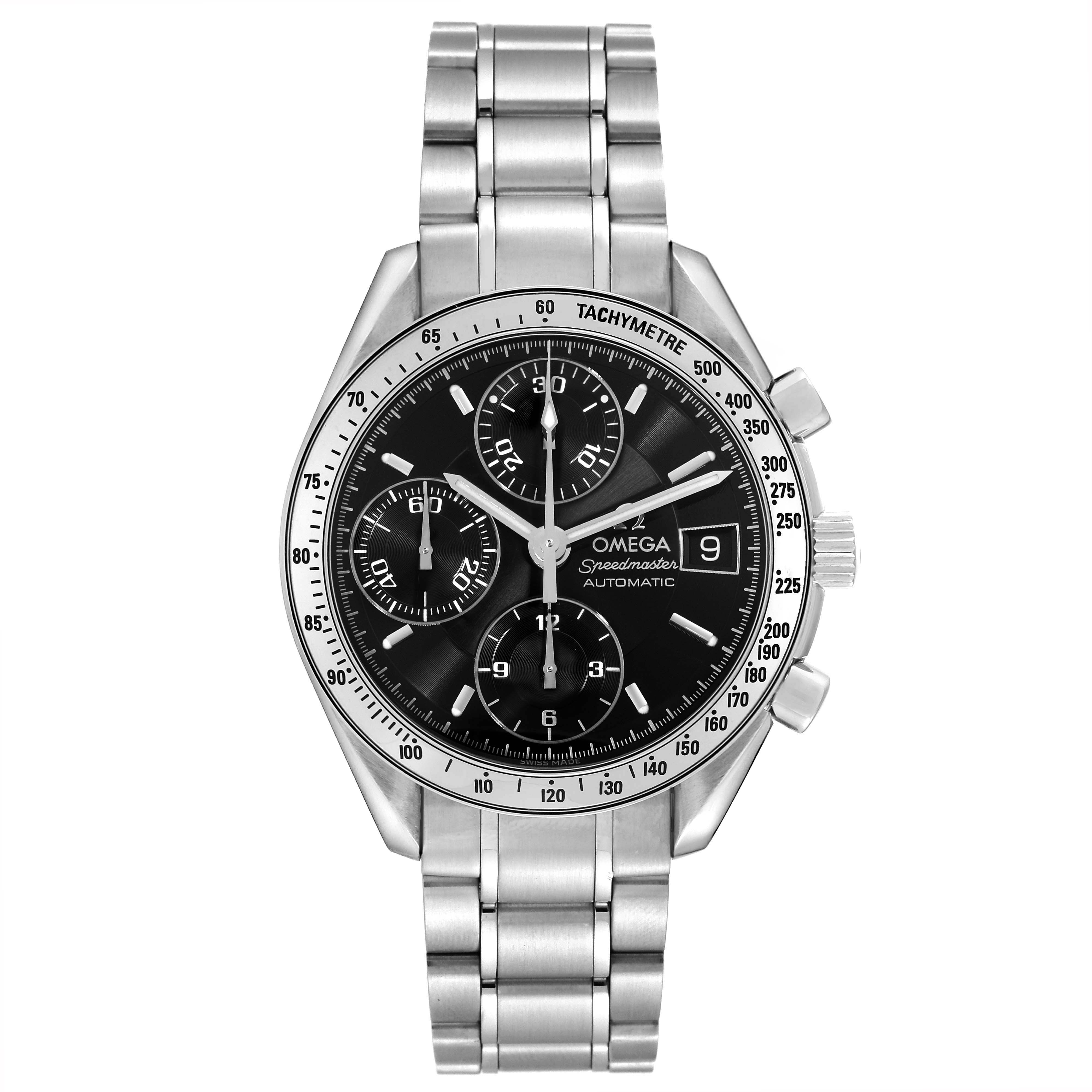 The Omega Speedmaster 3513.50.00 Men
s Stainless Steel Black Dial 3513.50.00 Men
s Stainless Steel Black Dial is shown from a top-down angle featuring the face, bezel, and bracelet.