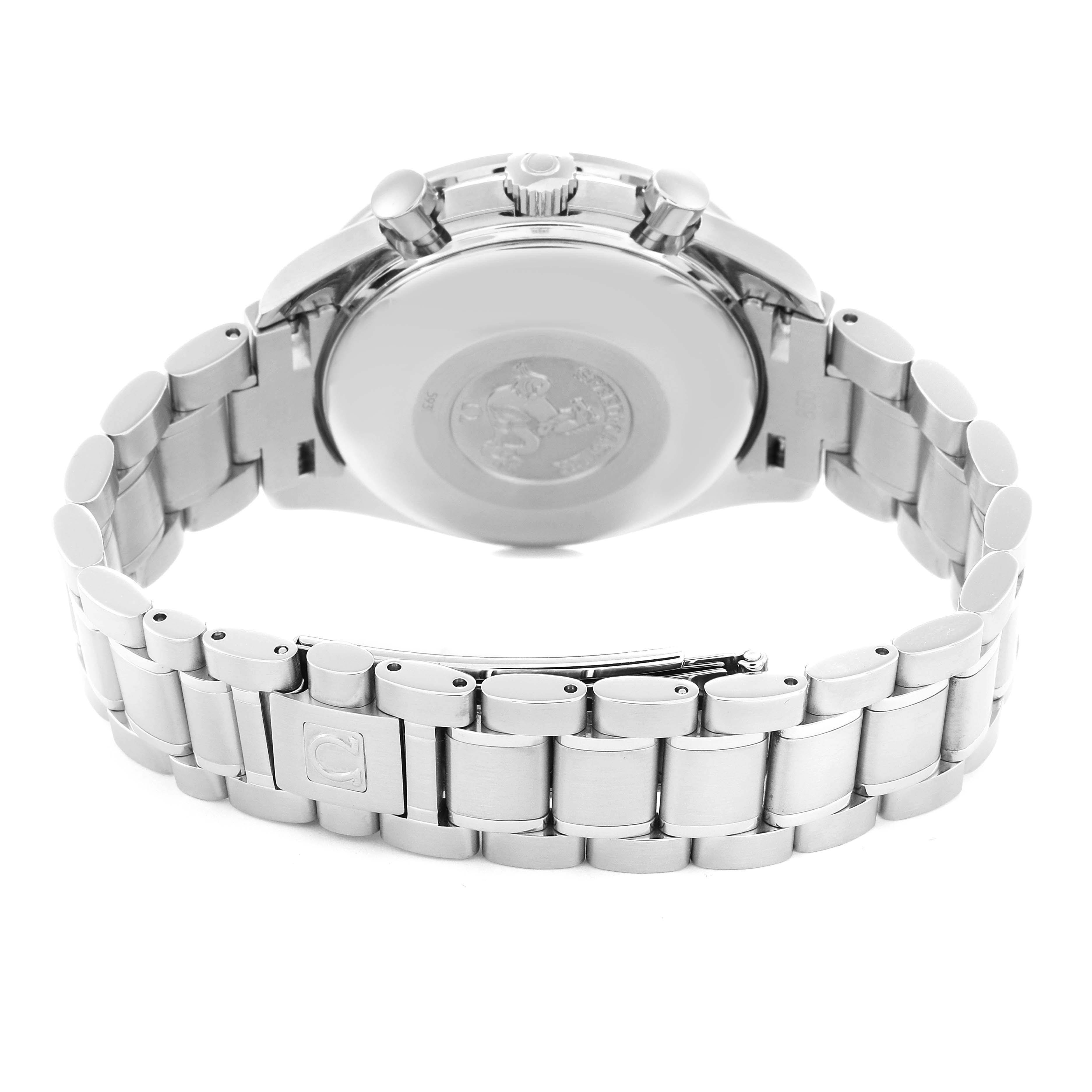 The Omega Speedmaster 3513.50.00 Men
s Stainless Steel Black Dial 3513.50.00 Men
s Stainless Steel Black Dial watch is shown from the back, displaying the case back and partially open stainless steel bracelet.