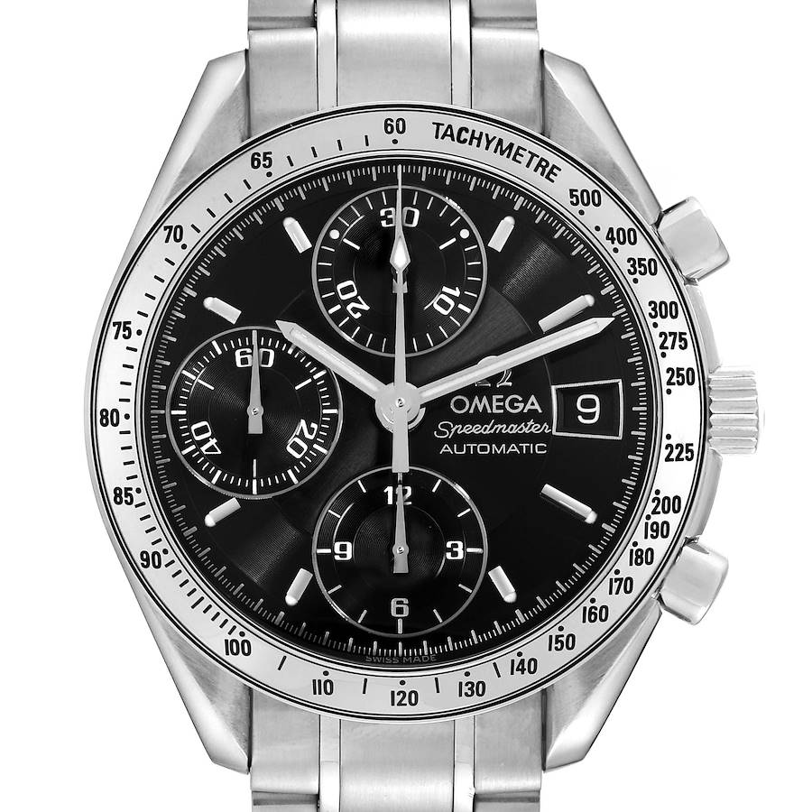 The Omega Speedmaster watch is shown from the front, highlighting its dial, tachymeter bezel, and pushers.
