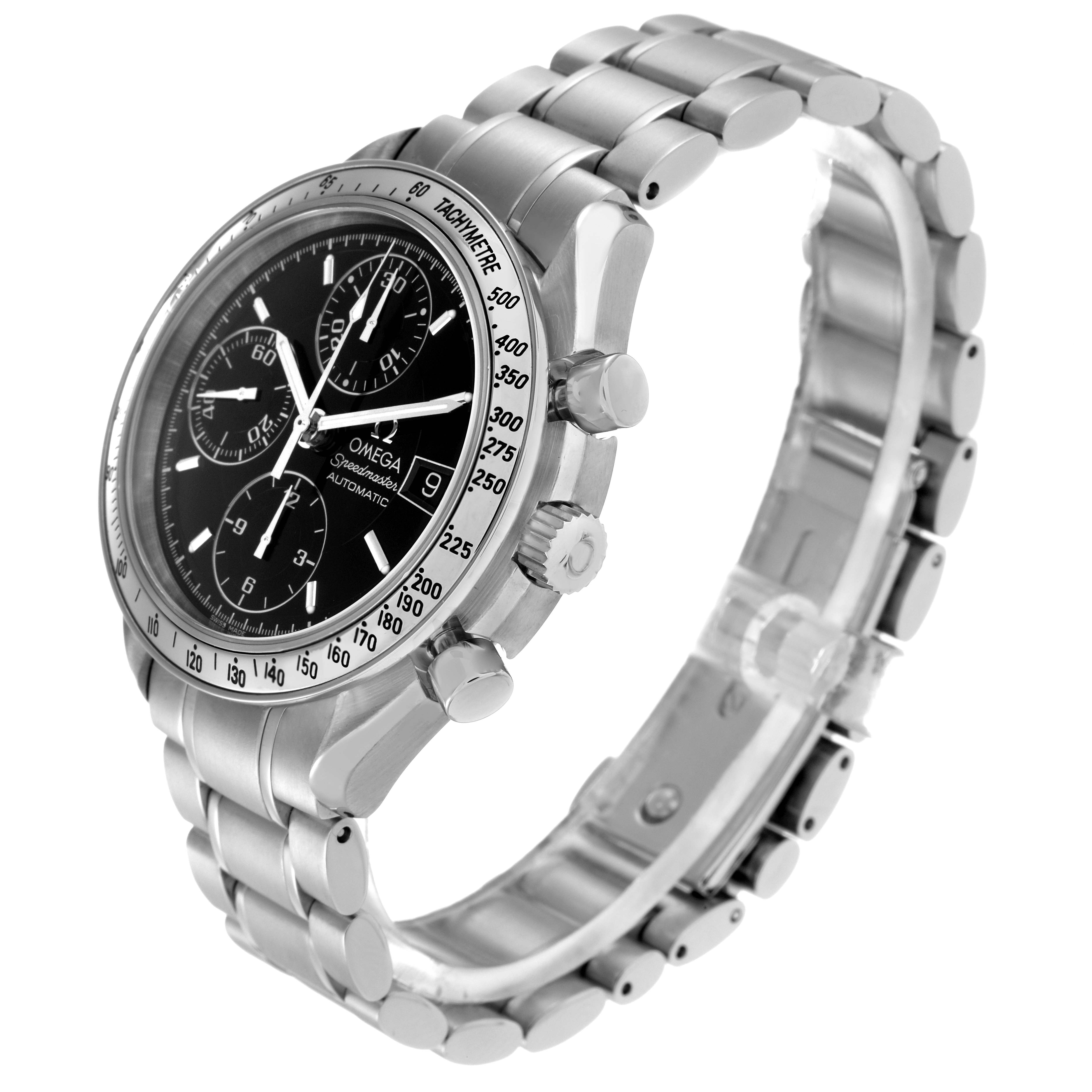 The Omega Speedmaster 3513.50.00 Men
s Stainless Steel Black Dial 3513.50.00 Men
s Stainless Steel Black Dial watch is shown at a three-quarter angle, highlighting the face, bezel, pushers, crown, and bracelet.