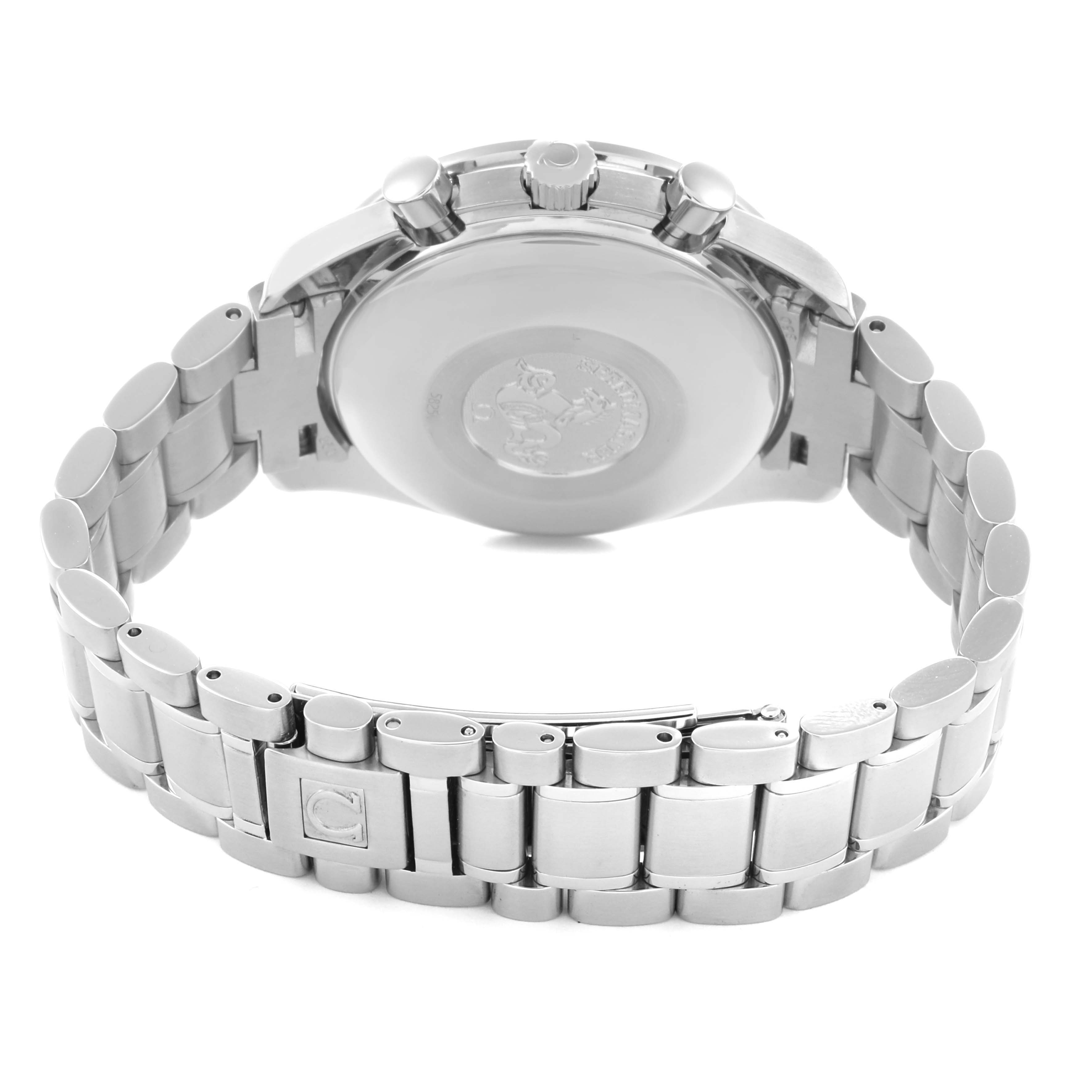 The Omega Speedmaster 3513.50.00 Men
s Stainless Steel Black Dial 3513.50.00 Men
s Stainless Steel Black Dial is shown from the back, displaying the case back, bracelet, and clasp.