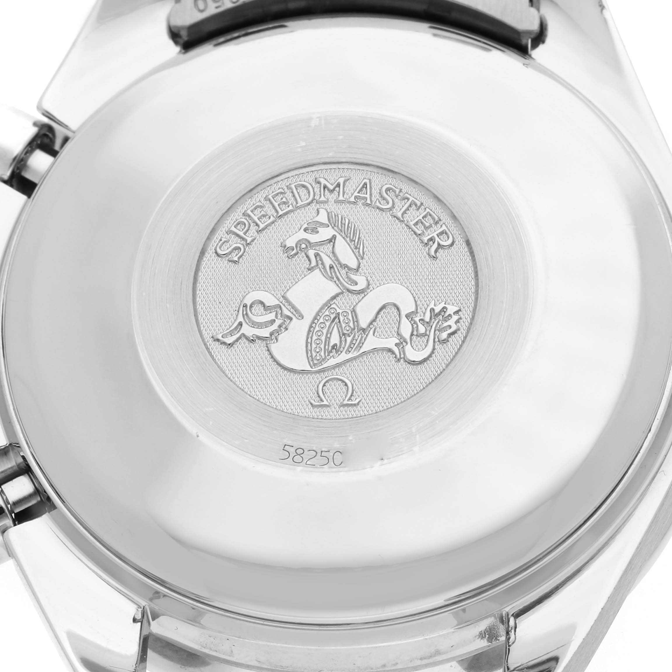 The image shows the back case of an Omega Speedmaster 3513.50.00 Men
s Stainless Steel Black Dial 3513.50.00 Men
s Stainless Steel Black Dial, featuring its engraved logo and model name.