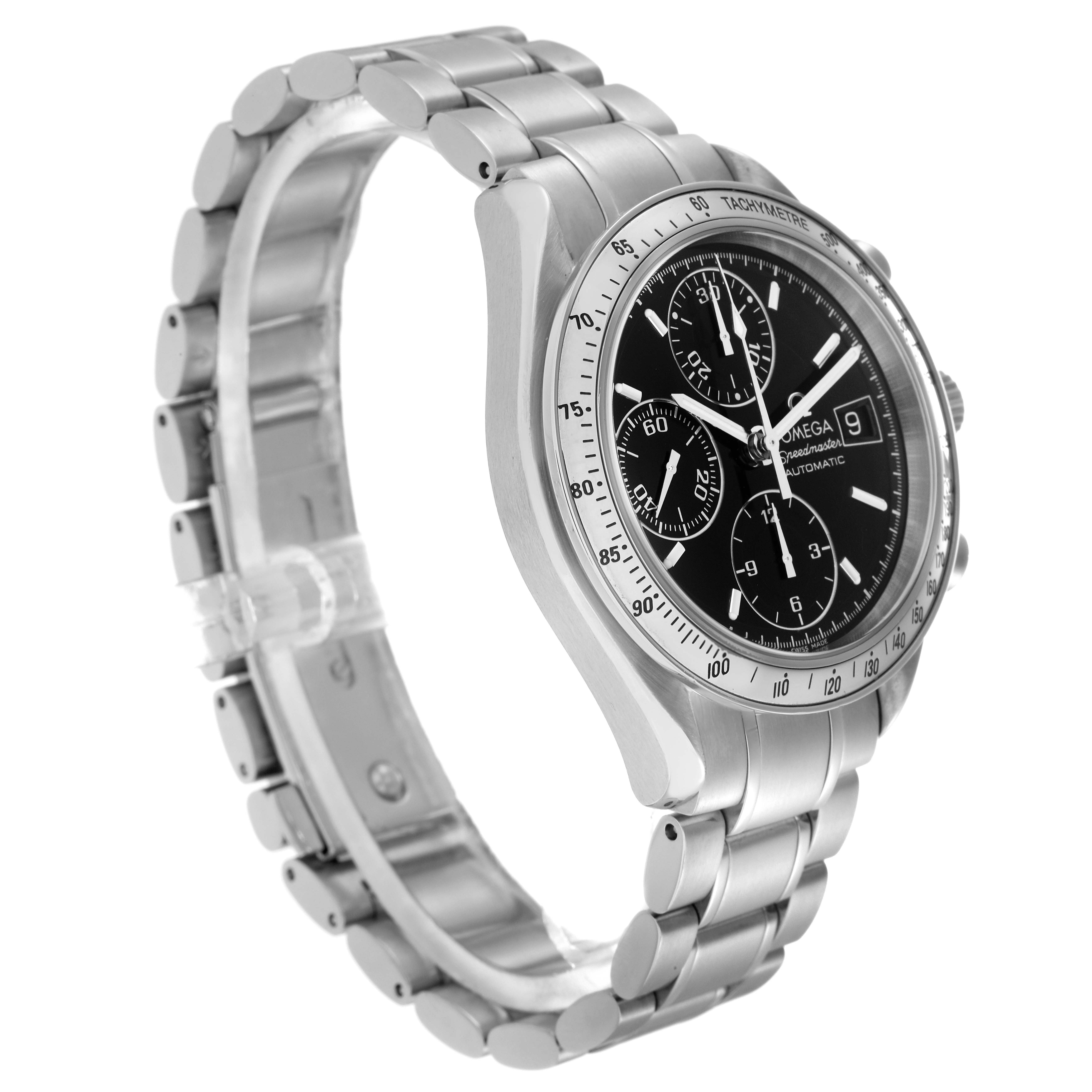 The Omega Speedmaster 3513.50.00 Men
s Stainless Steel Black Dial 3513.50.00 Men
s Stainless Steel Black Dial watch is shown at a three-quarter angle, highlighting the face, bezel, and stainless steel bracelet.