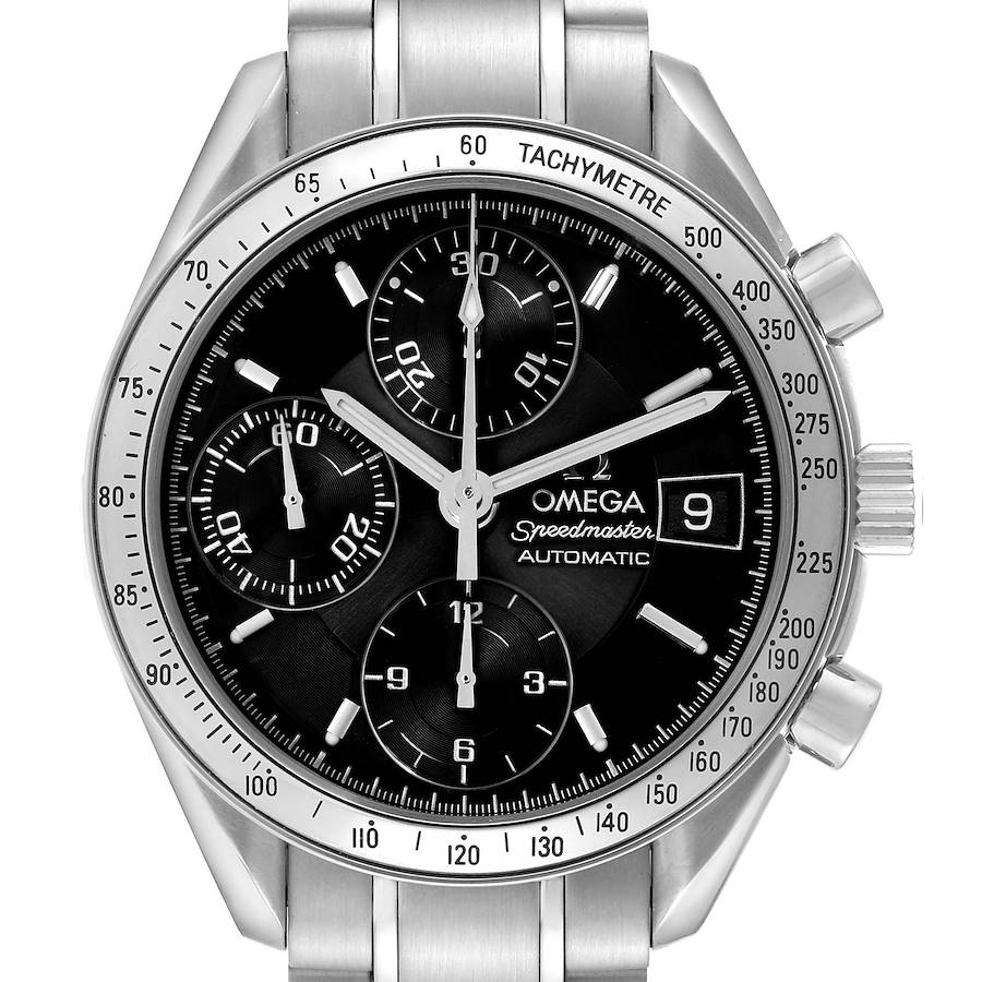 The Omega Speedmaster watch is shown from a front view, highlighting the dial, tachymeter bezel, and chronograph pushers.