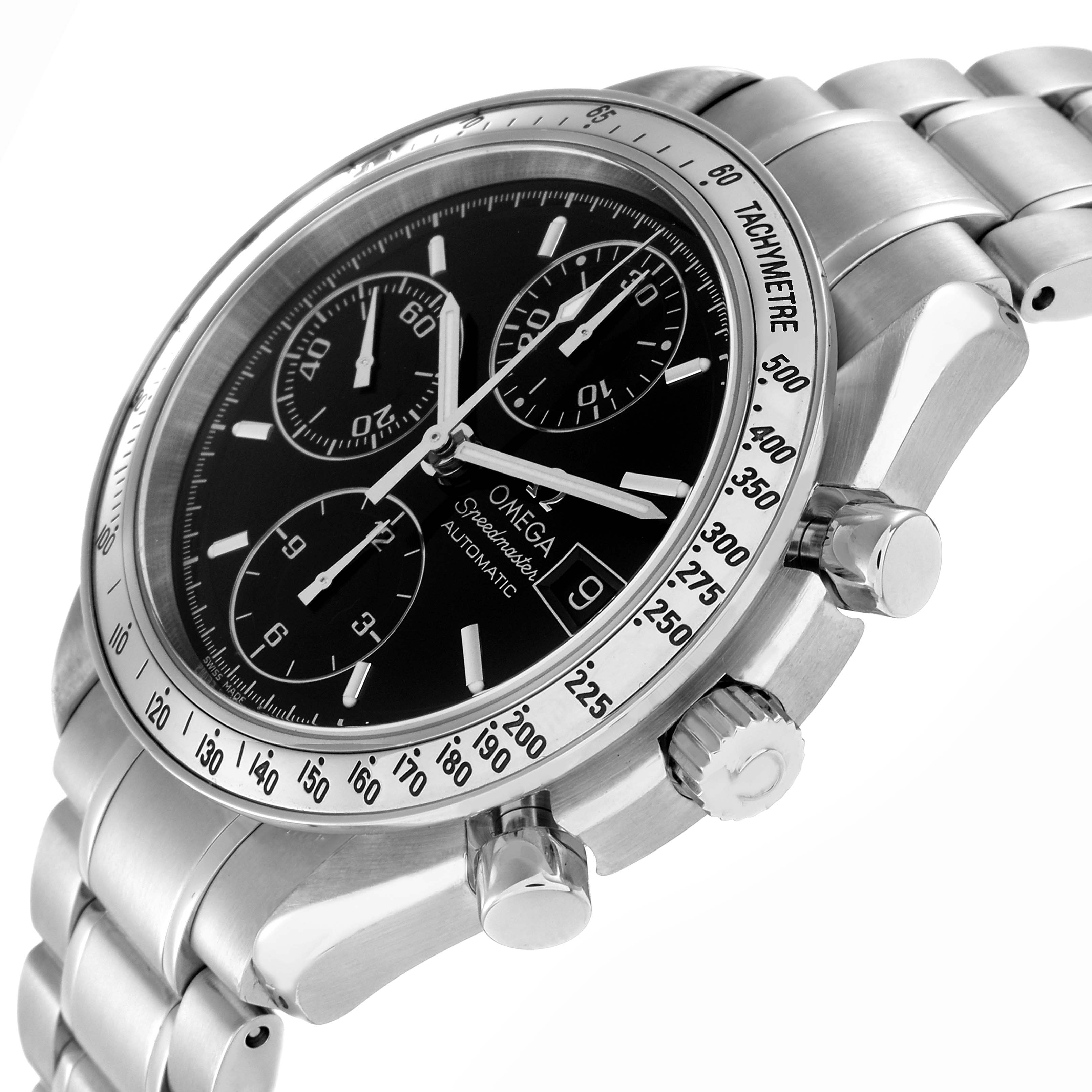 The Omega Speedmaster 3513.50.00 Men
s Stainless Steel Black Dial 3513.50.00 Men
s Stainless Steel Black Dial is shown at a three-quarter angle, highlighting the bezel, dial, crown, pushers, and bracelet.