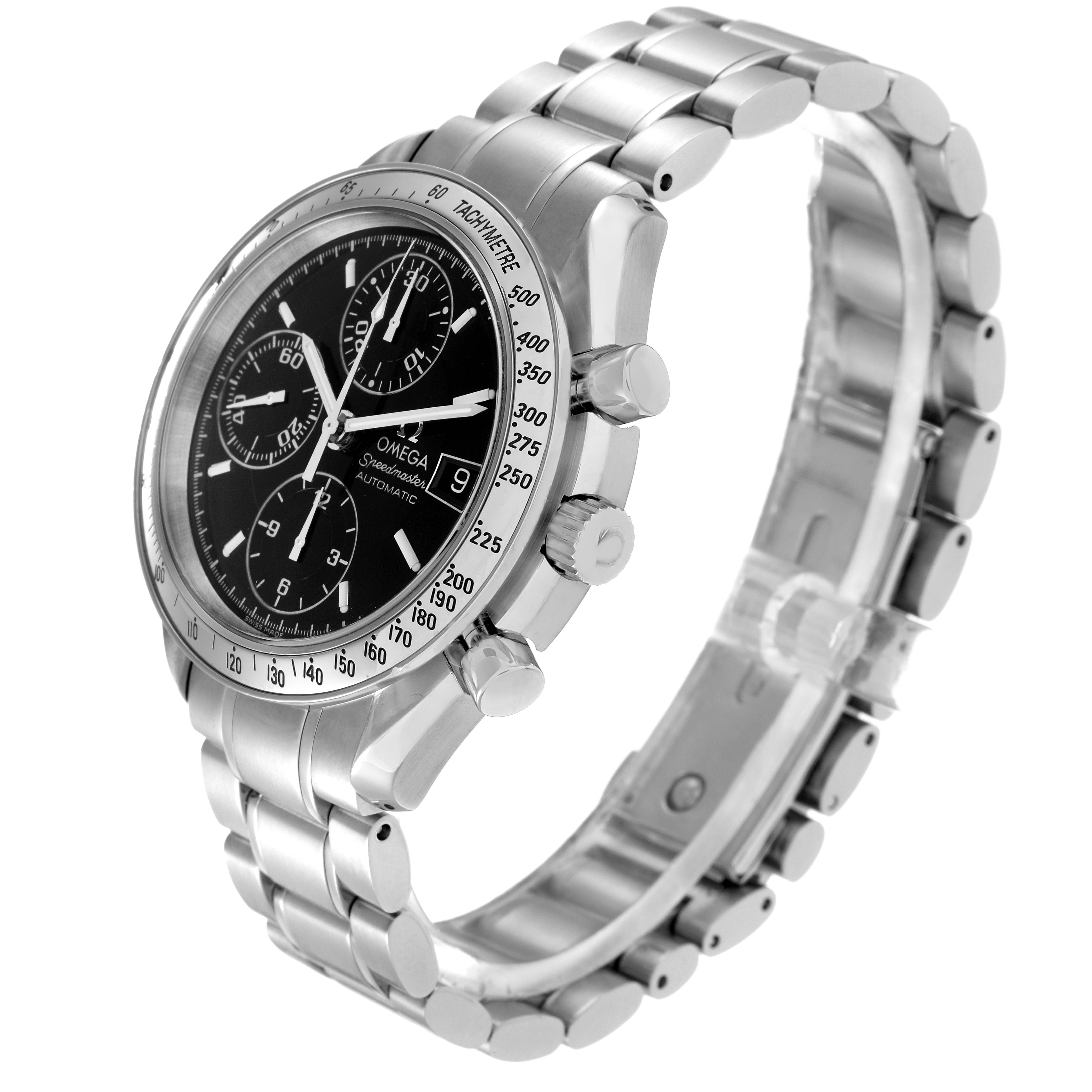 The Omega Speedmaster 3513.50.00 Men
s Stainless Steel Black Dial 3513.50.00 Men
s Stainless Steel Black Dial is shown at a three-quarter angle, highlighting the dial, bezel, crown, and bracelet.