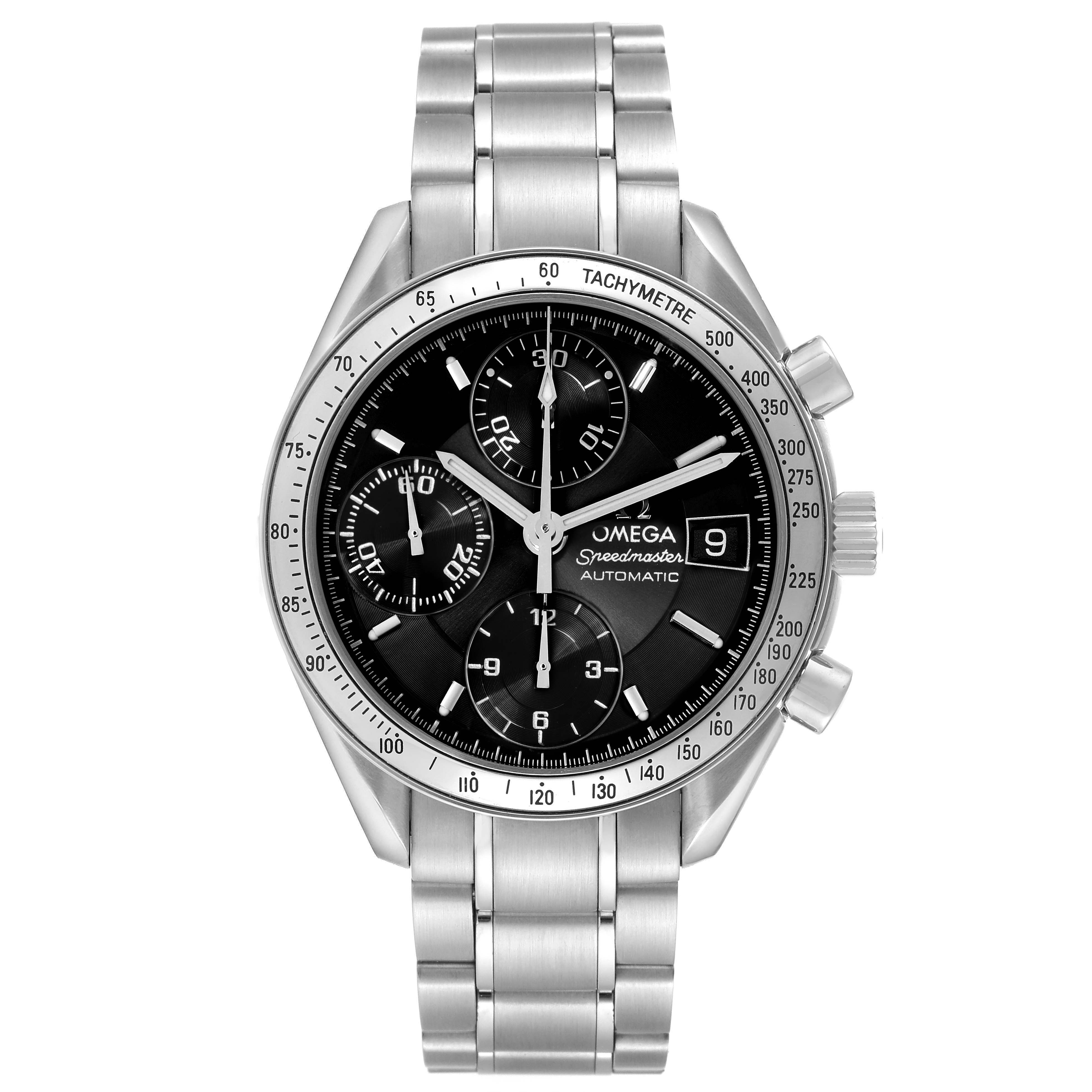 The Omega Speedmaster 3513.50.00 Men
s Stainless Steel Black Dial 3513.50.00 Men
s Stainless Steel Black Dial watch is shown from a front angle, displaying its dial, tachymetre, and stainless steel bracelet.