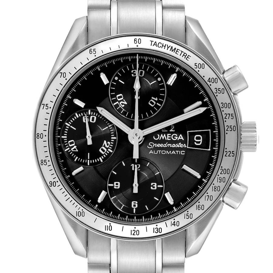The Omega Speedmaster is shown from the front displaying the dial, tachymeter bezel, subdials, and crown.