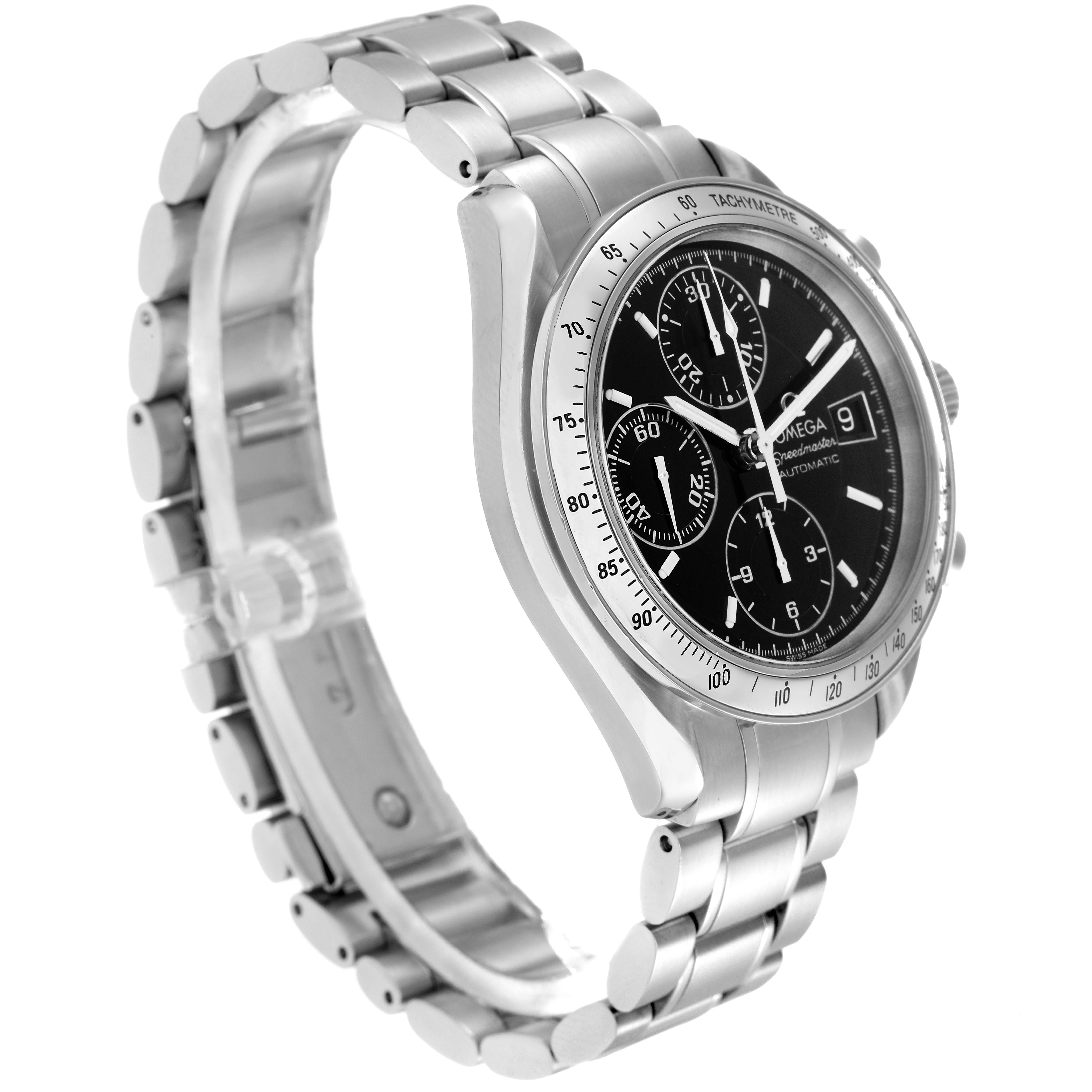 The Omega Speedmaster 3513.50.00 Men
s Stainless Steel Black Dial 3513.50.00 Men
s Stainless Steel Black Dial watch is shown at a side angle, highlighting its stainless steel case, bracelet, tachymeter, and black dial.