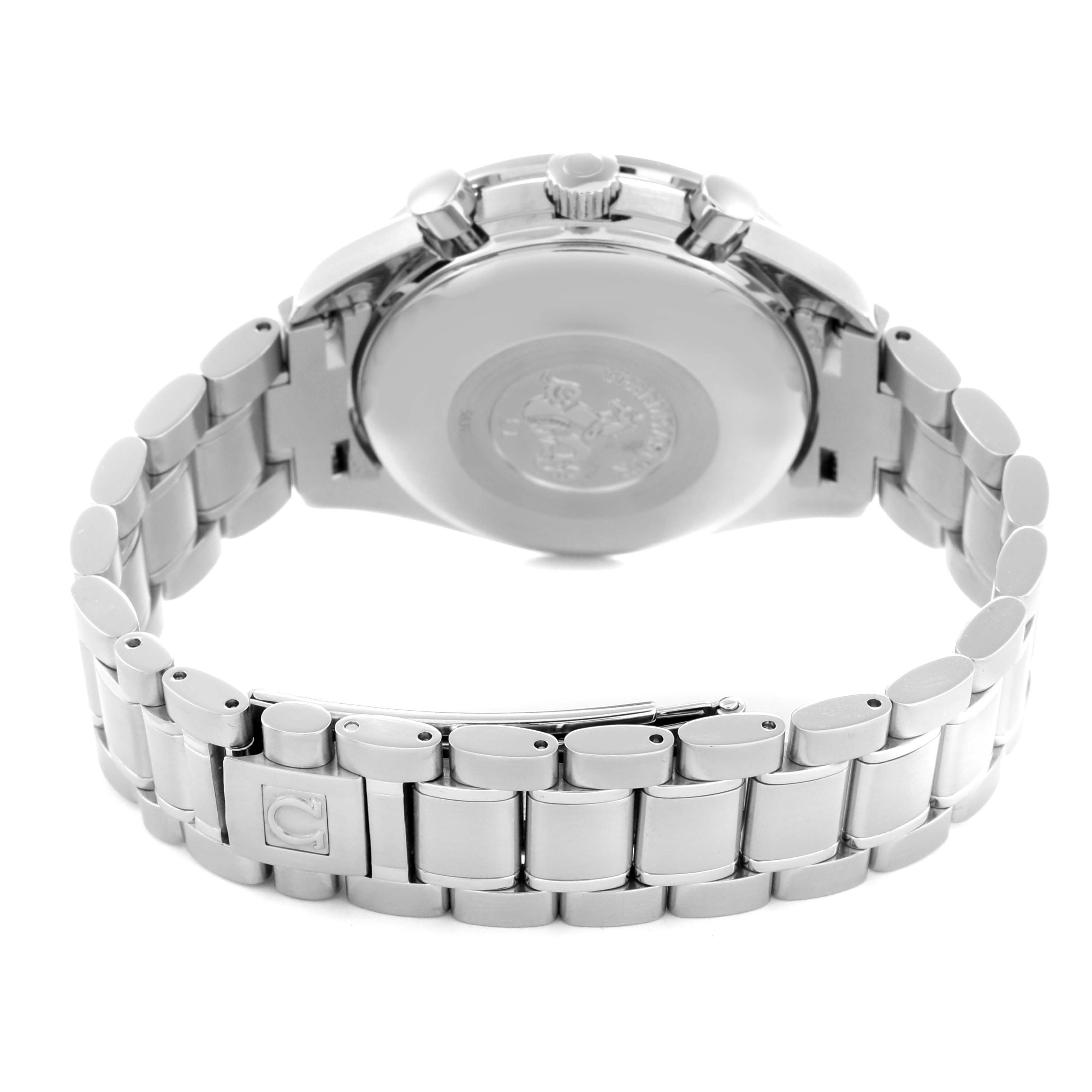 The image shows the back view of an Omega Speedmaster 3513.50.00 Men
s Stainless Steel Black Dial 3513.50.00 Men
s Stainless Steel Black Dial watch, highlighting the case back and bracelet.