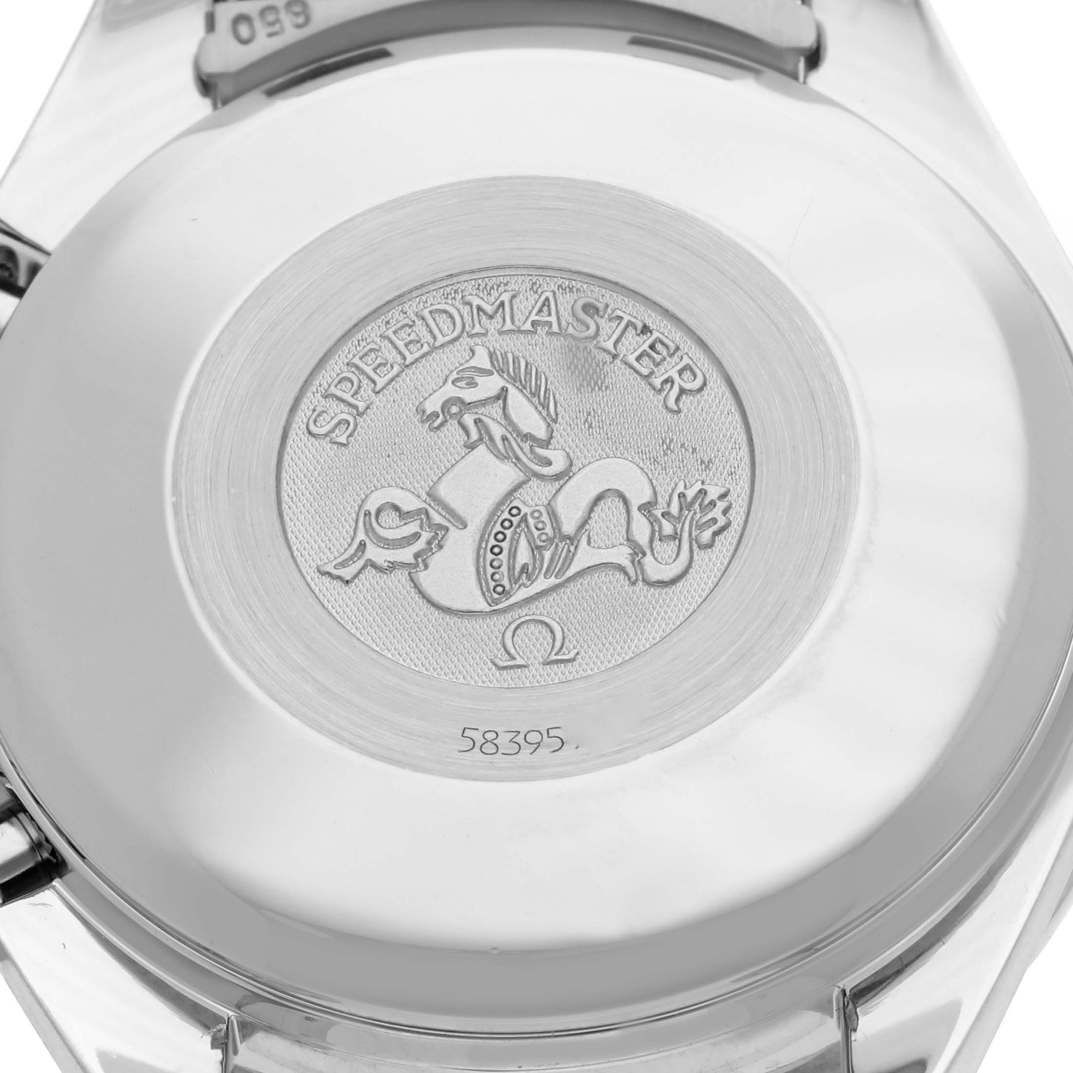 The image shows the case back of an Omega Speedmaster 3513.50.00 Men
s Stainless Steel Black Dial 3513.50.00 Men
s Stainless Steel Black Dial watch, featuring an engraved design and model name.