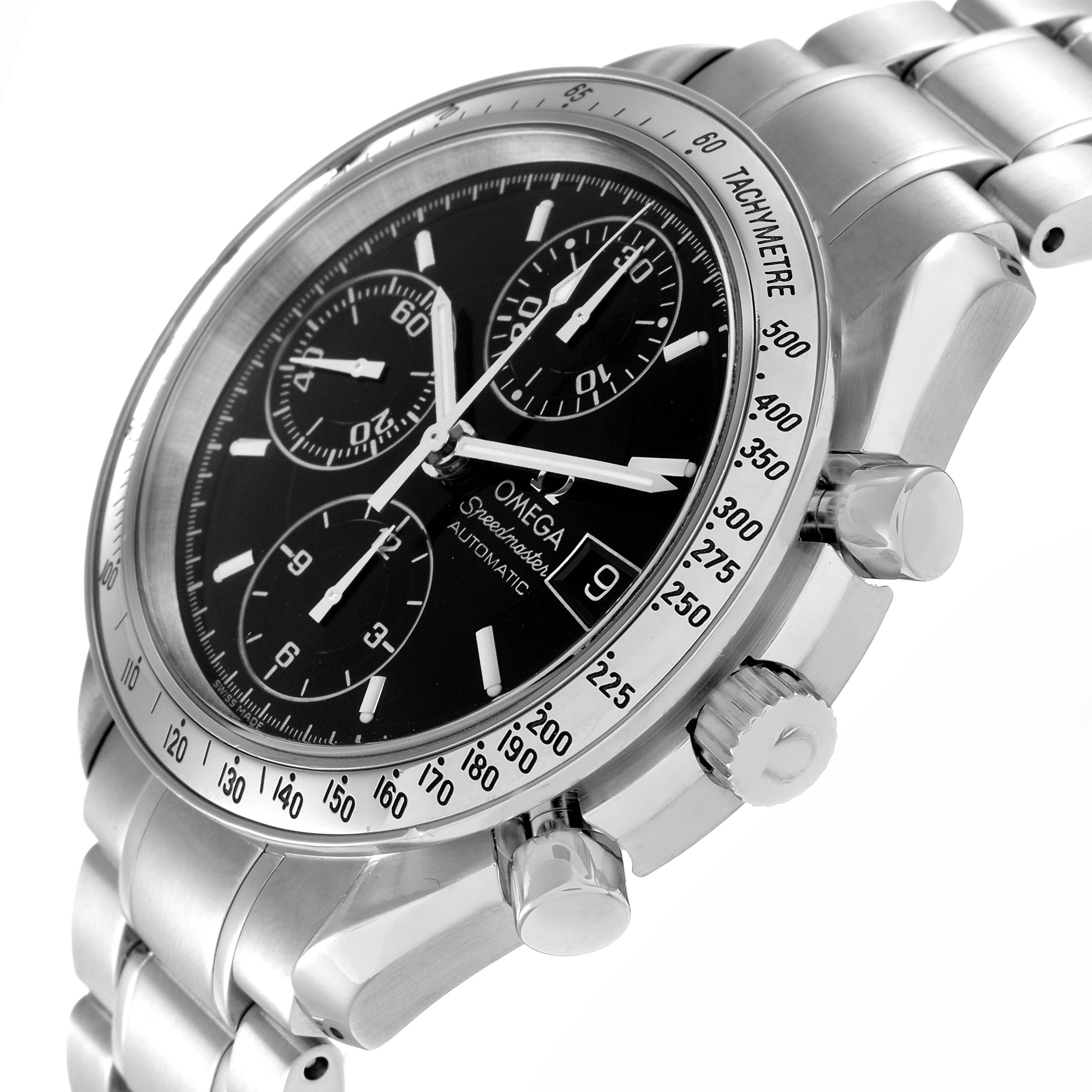 The Omega Speedmaster 3513.50.00 Men
s Stainless Steel Black Dial 3513.50.00 Men
s Stainless Steel Black Dial watch is shown at a side angle highlighting its face, bezel, crown, pushers, and bracelet.