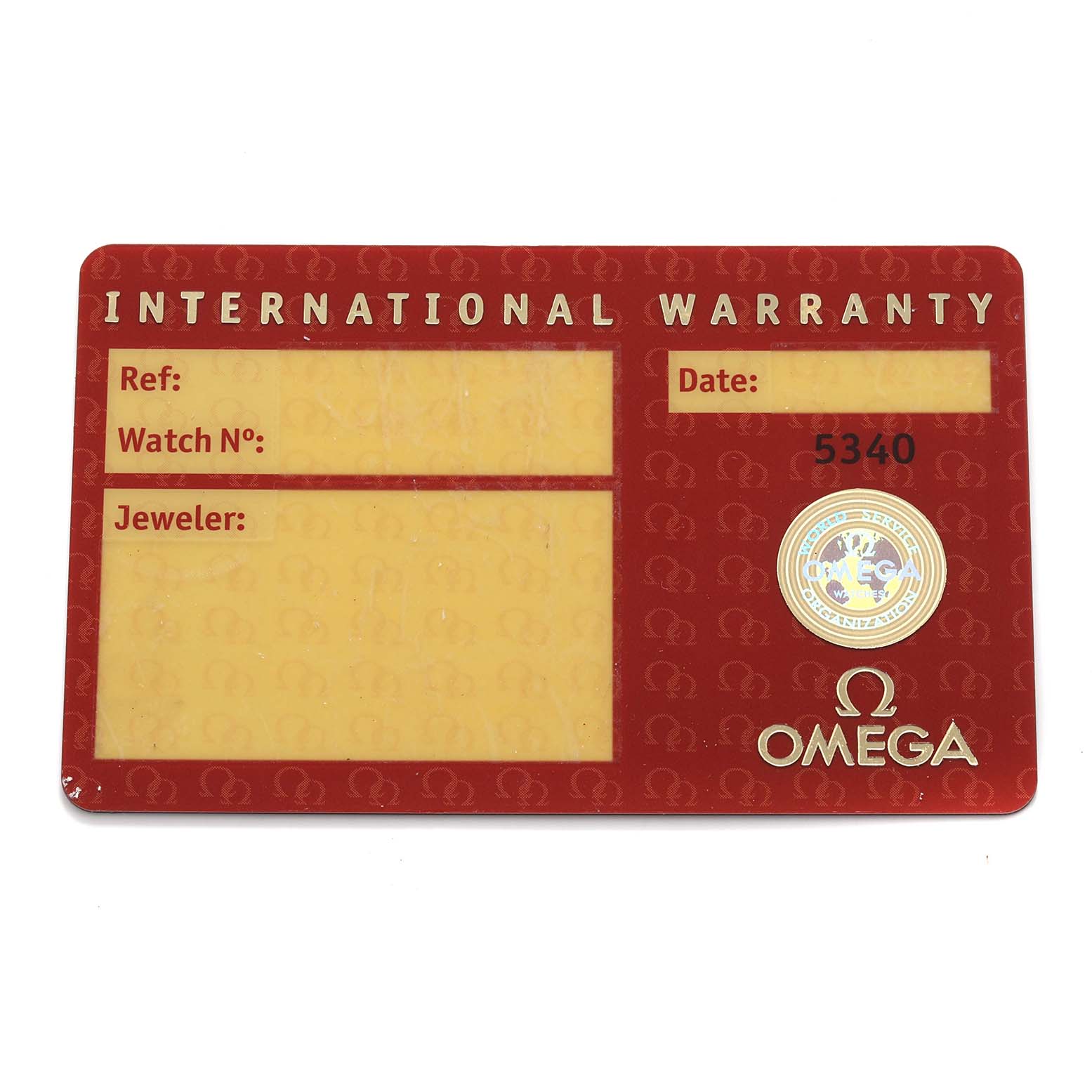 The image shows the International Warranty card for an Omega Speedmaster 3513.50.00 Men
s Stainless Steel Black Dial 3513.50.00 Men
s Stainless Steel Black Dial, captured from a top-down angle.