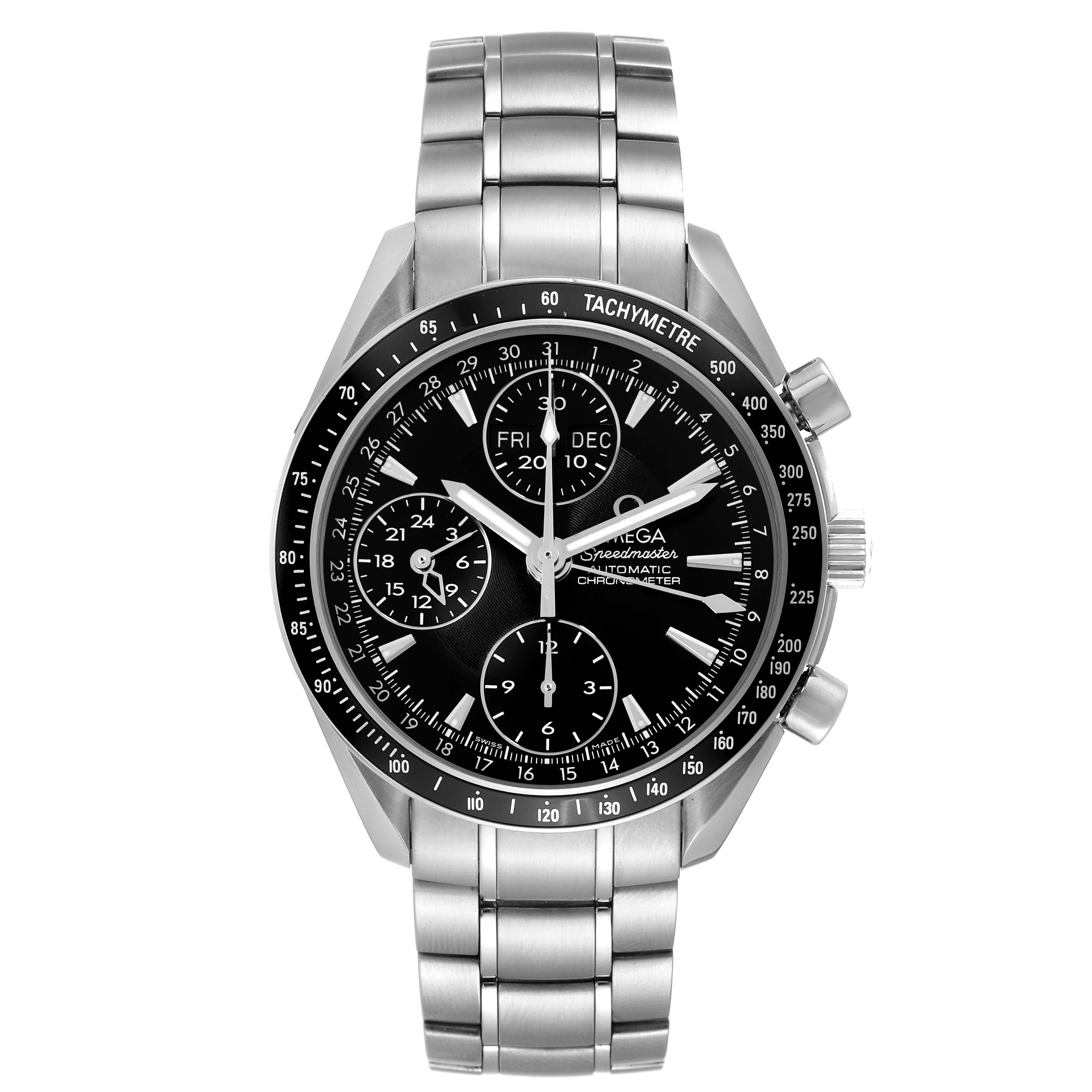 The image shows a front view of an Omega Speedmaster 3220.50.00 Men
s Stainless Steel Black Dial 3220.50.00 Men
s Stainless Steel Black Dial watch, highlighting its dial, subdials, and stainless steel bracelet.