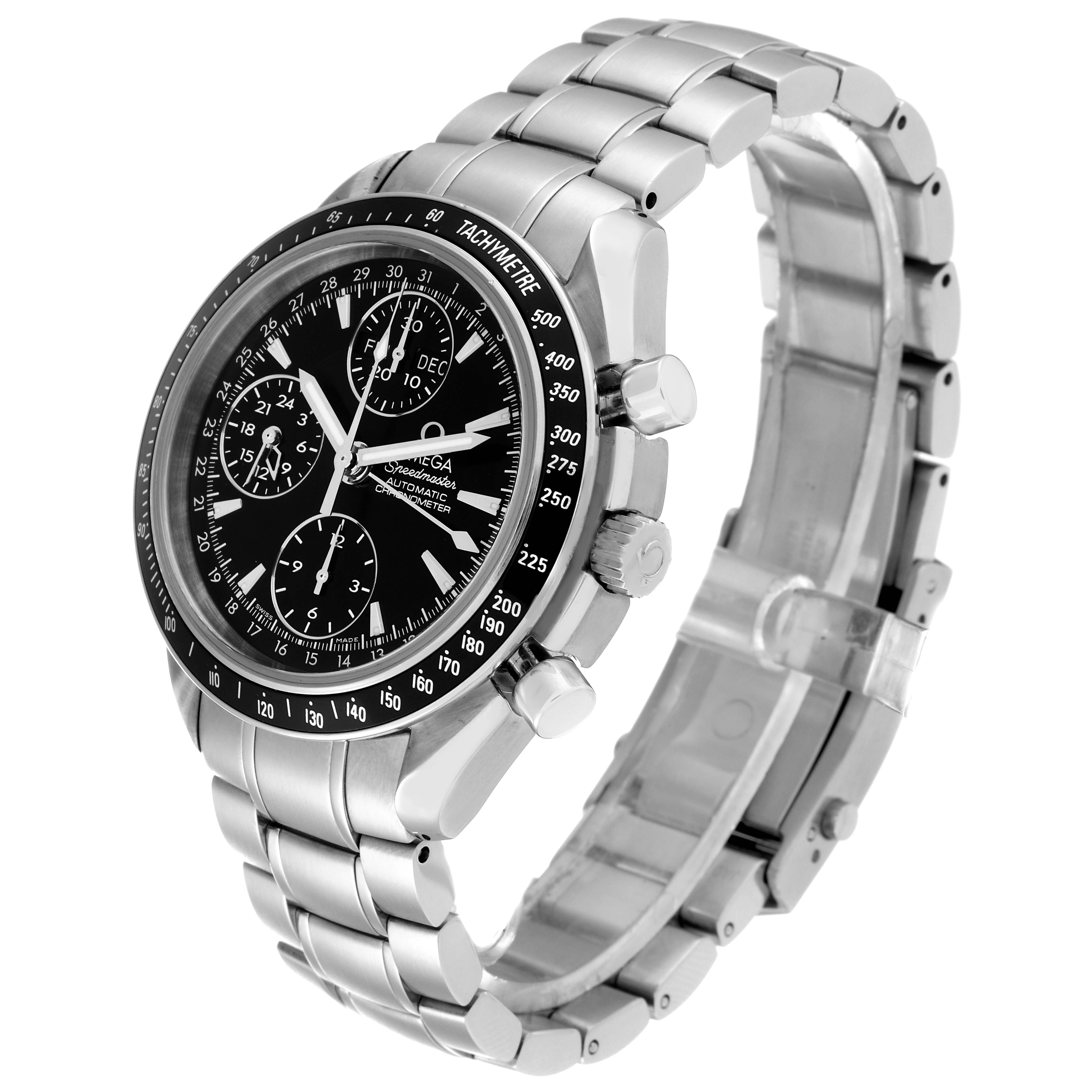The Omega Speedmaster 3220.50.00 Men
s Stainless Steel Black Dial 3220.50.00 Men
s Stainless Steel Black Dial watch is shown from a three-quarter angle, highlighting the face, bezel, and silver metal bracelet.