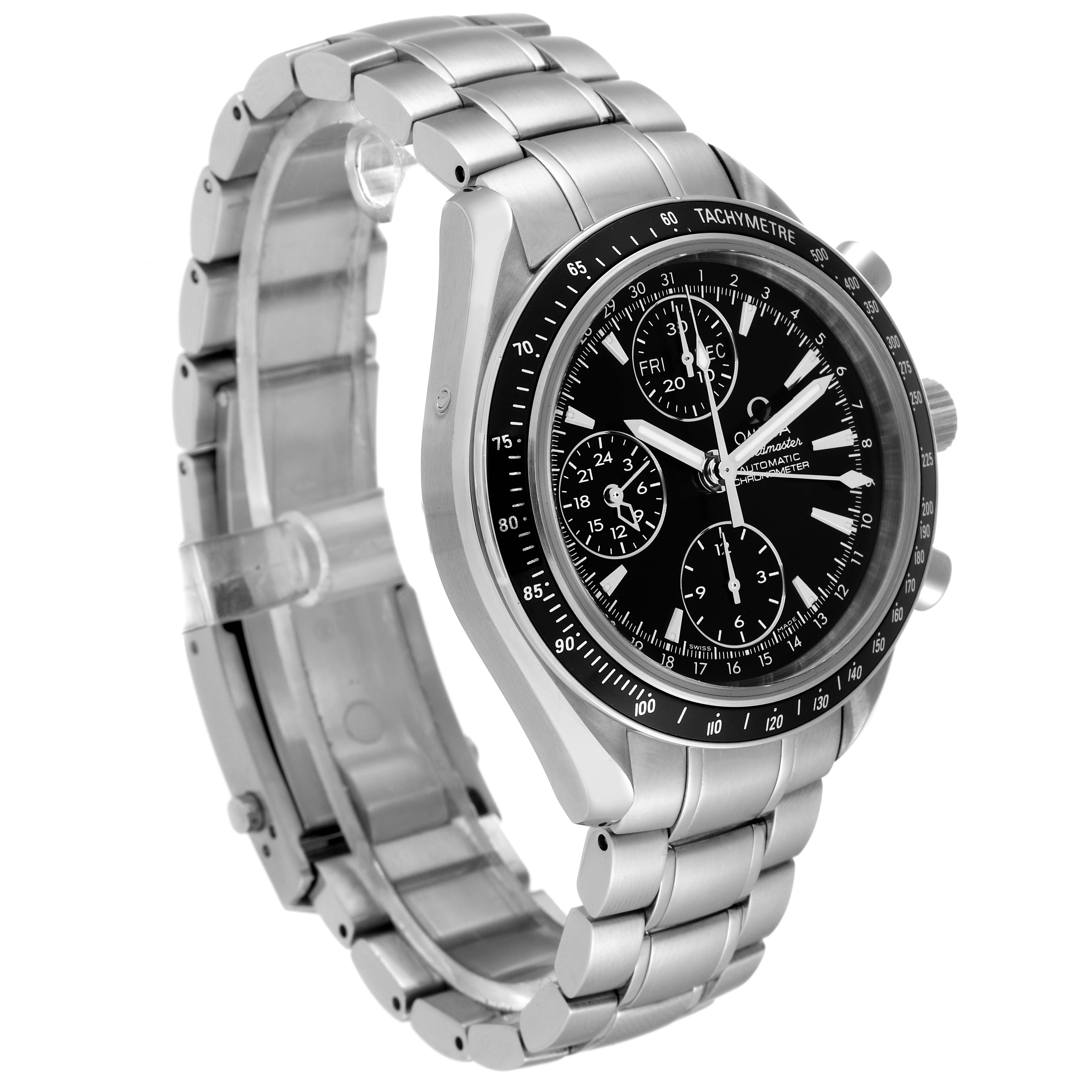 The Omega Speedmaster 3220.50.00 Men
s Stainless Steel Black Dial 3220.50.00 Men
s Stainless Steel Black Dial watch is shown at a slight angle, highlighting its face, bezel, and metal bracelet.
