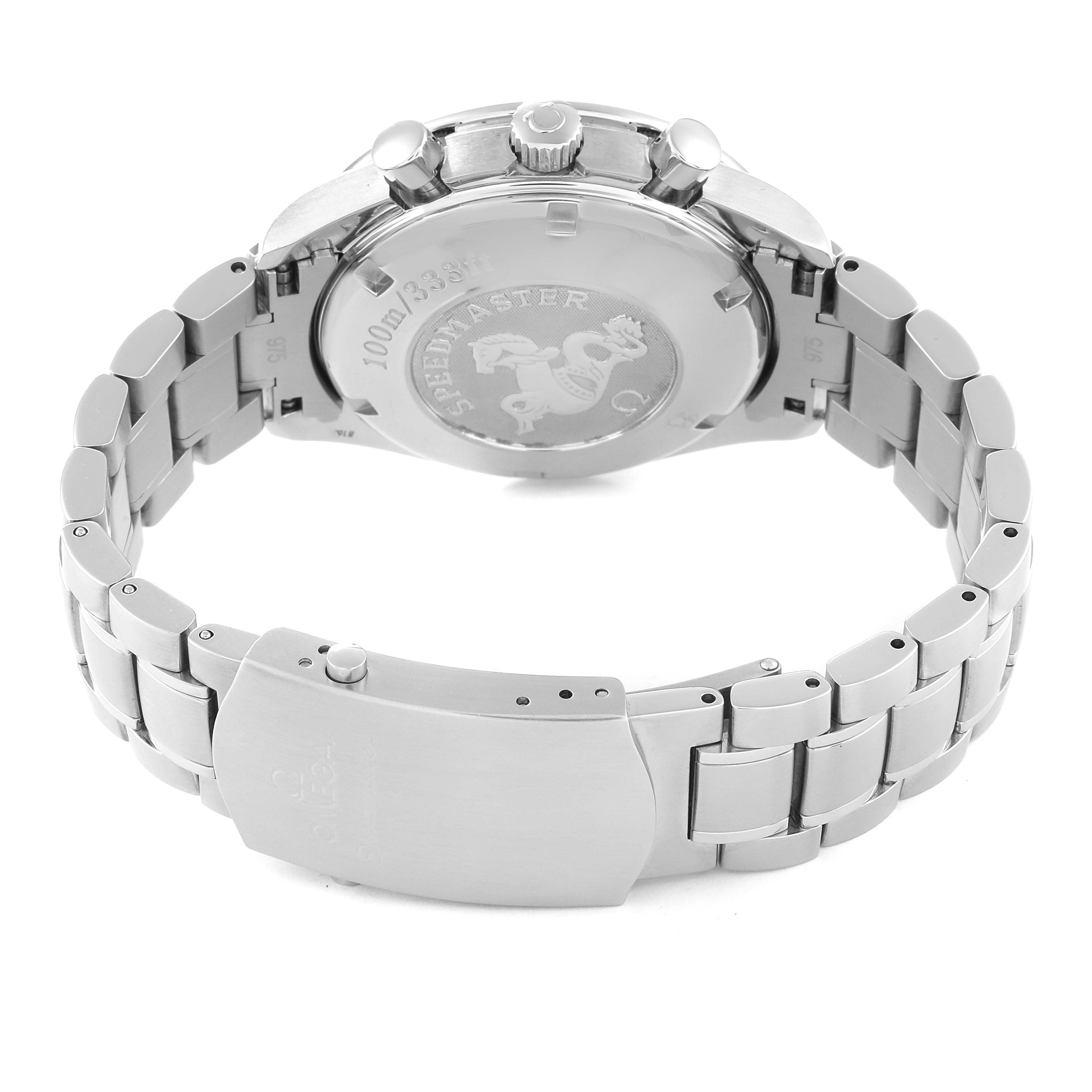 The image shows the back case and metal bracelet of an Omega Speedmaster 3220.50.00 Men
s Stainless Steel Black Dial 3220.50.00 Men
s Stainless Steel Black Dial watch from a rear angle.