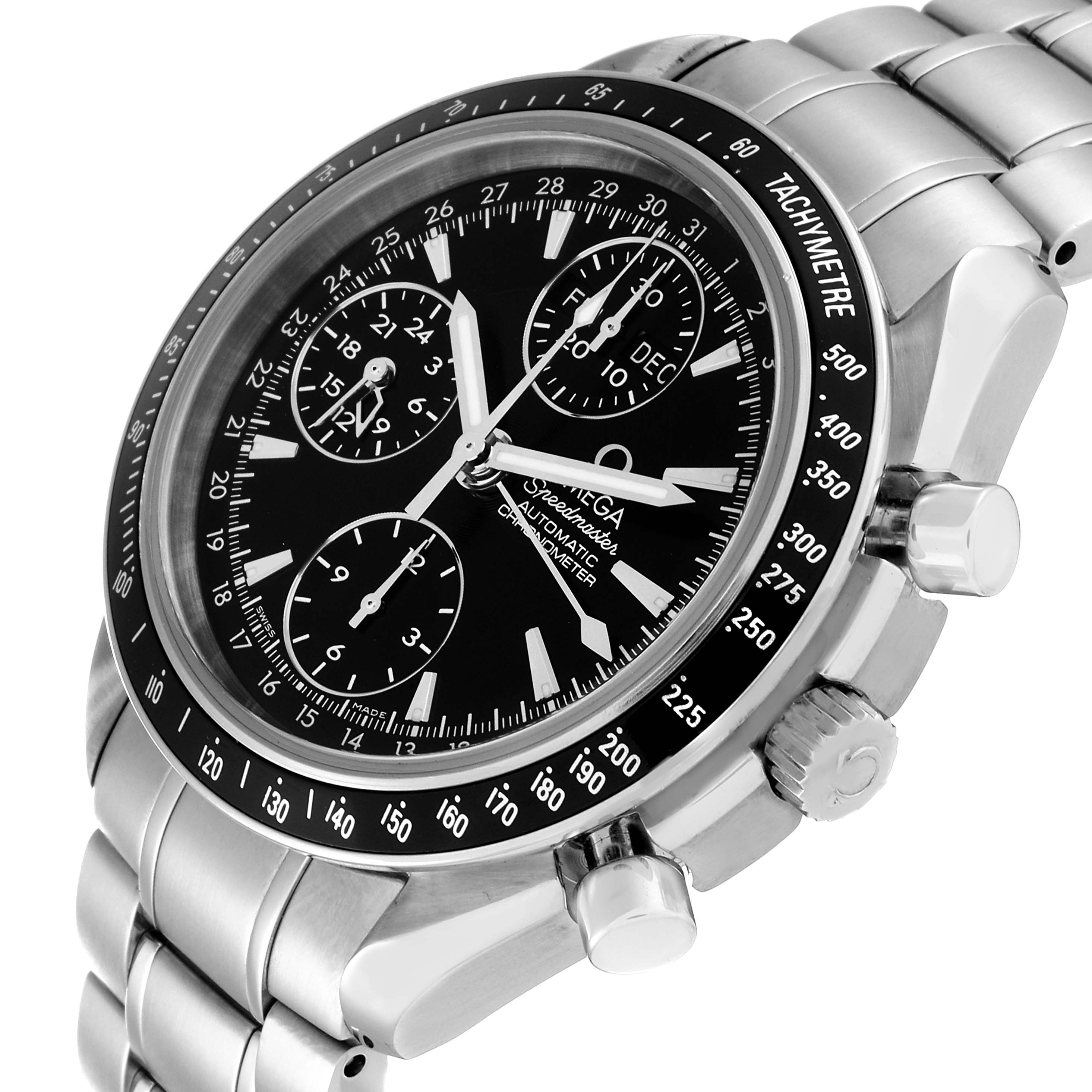 This Omega Speedmaster 3220.50.00 Men
s Stainless Steel Black Dial 3220.50.00 Men
s Stainless Steel Black Dial watch is shown from a slight side angle, highlighting the face, bezel, crown, and part of the bracelet.