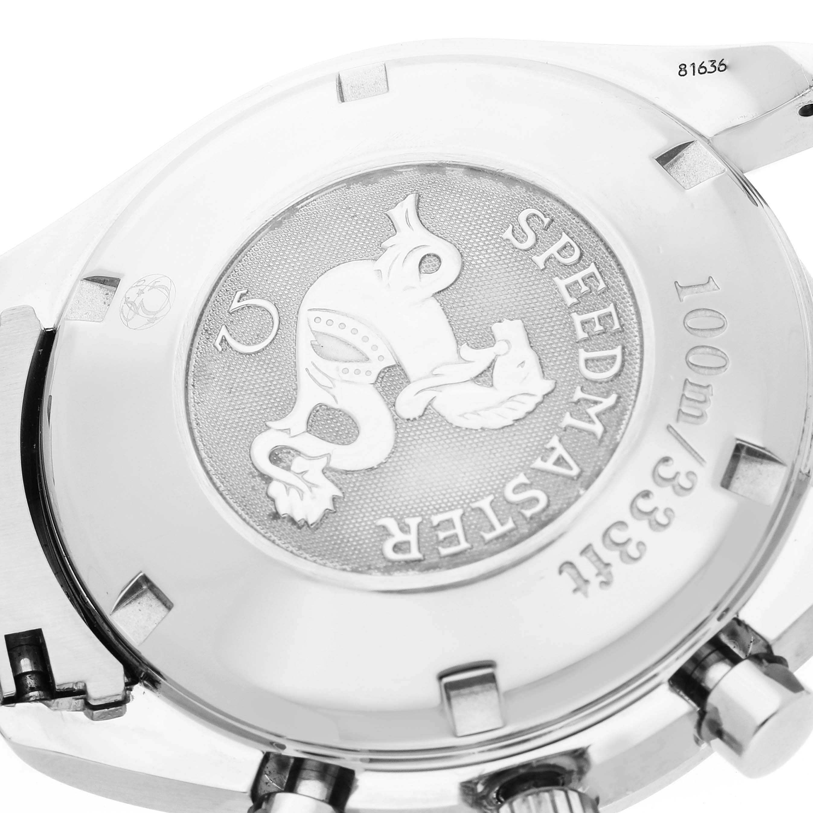 This image shows the back case of an Omega Speedmaster 3220.50.00 Men
s Stainless Steel Black Dial 3220.50.00 Men
s Stainless Steel Black Dial watch, highlighting the emblem and water resistance details.