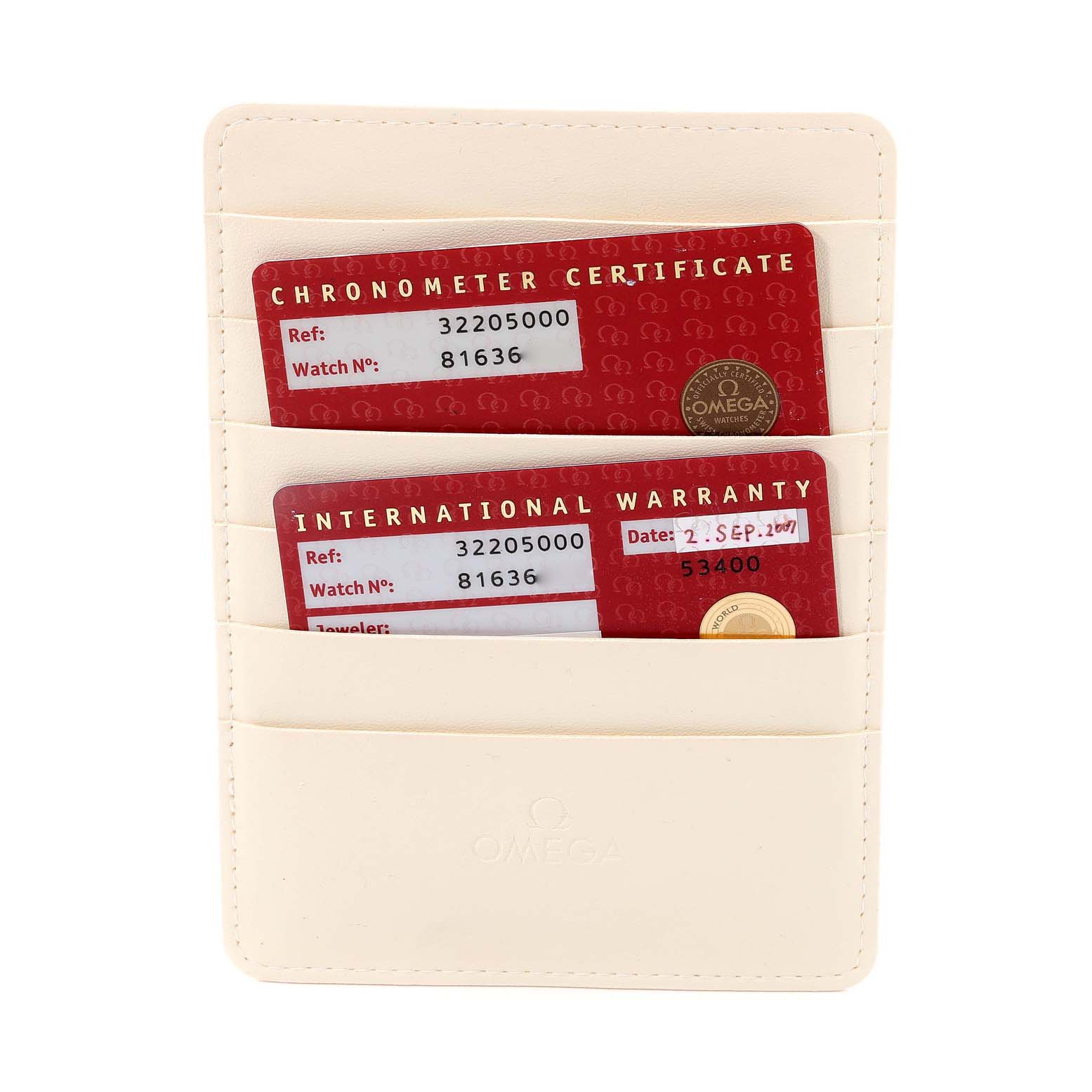 The image shows the chronometer certificate and international warranty cards for an Omega Speedmaster 3220.50.00 Men
s Stainless Steel Black Dial 3220.50.00 Men
s Stainless Steel Black Dial, in a card holder.