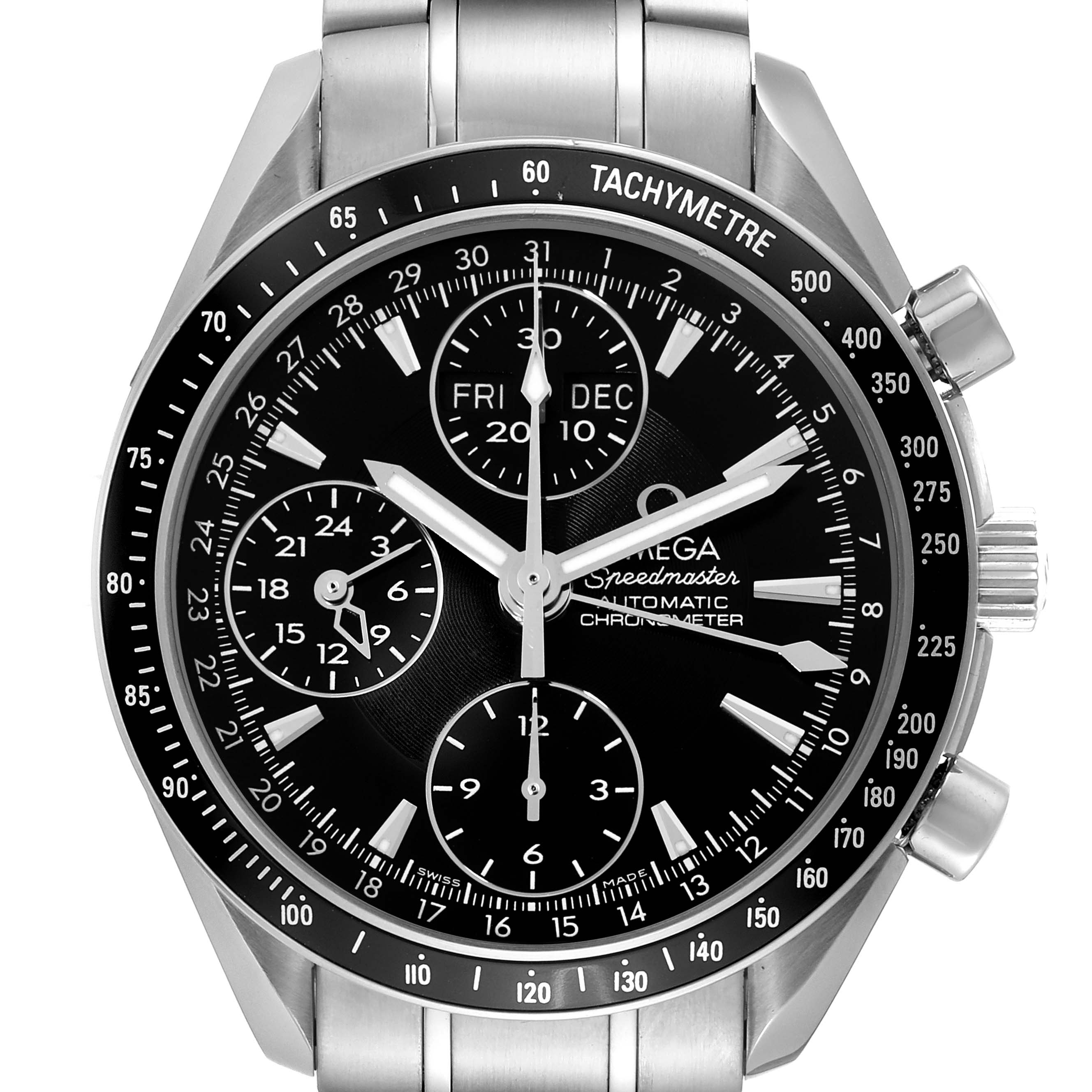 The Omega Speedmaster 3220.50.00 Men
s Stainless Steel Black Dial 3220.50.00 Men
s Stainless Steel Black Dial is shown from a front angle, highlighting the black dial, three subdials, and stainless steel bracelet.
