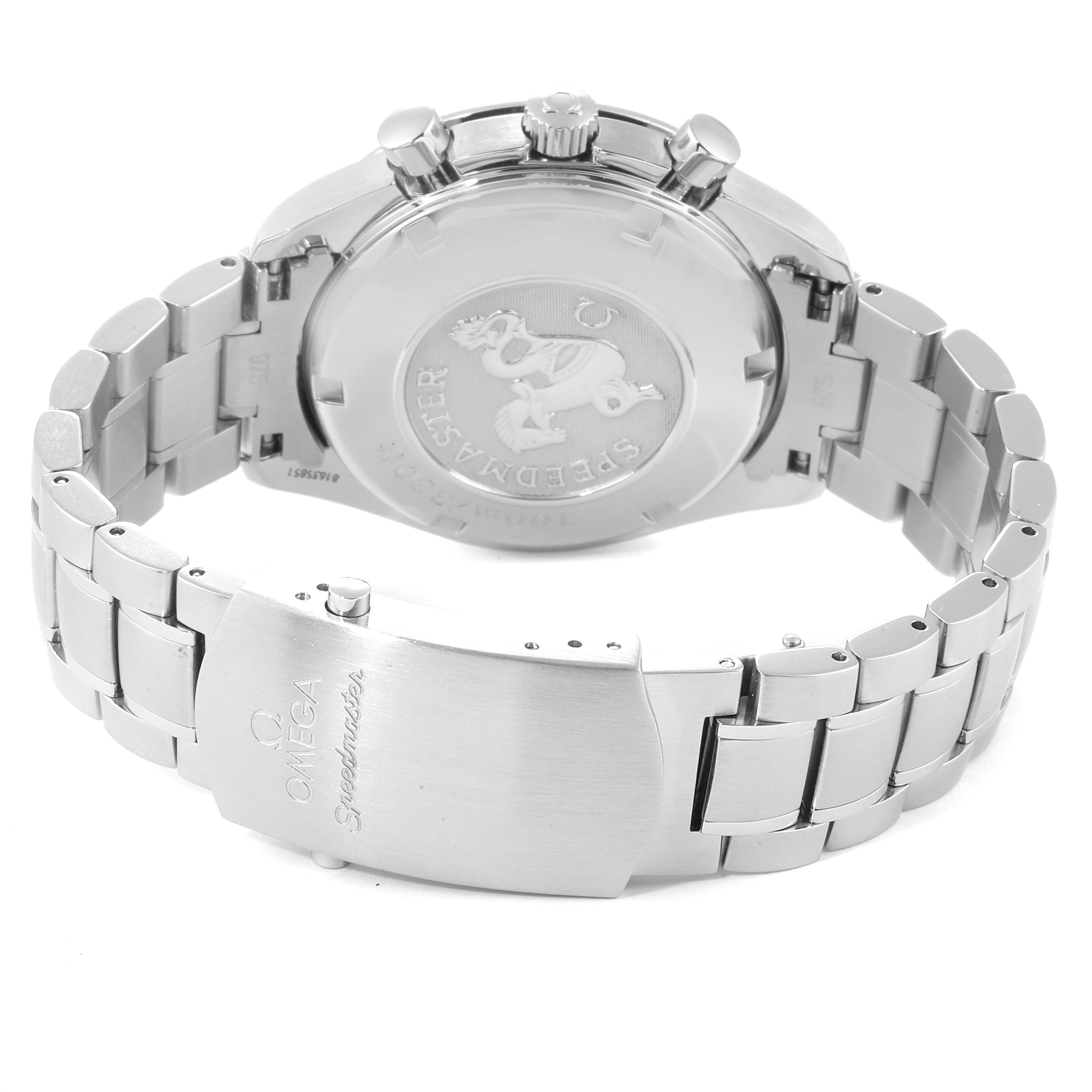 The image shows the back view of an Omega Speedmaster 3521.30.00 Men's Stainless Steel Silver Dial 3521.30.00 Men's Stainless Steel Silver Dial watch, highlighting its case back, bracelet, and clasp.